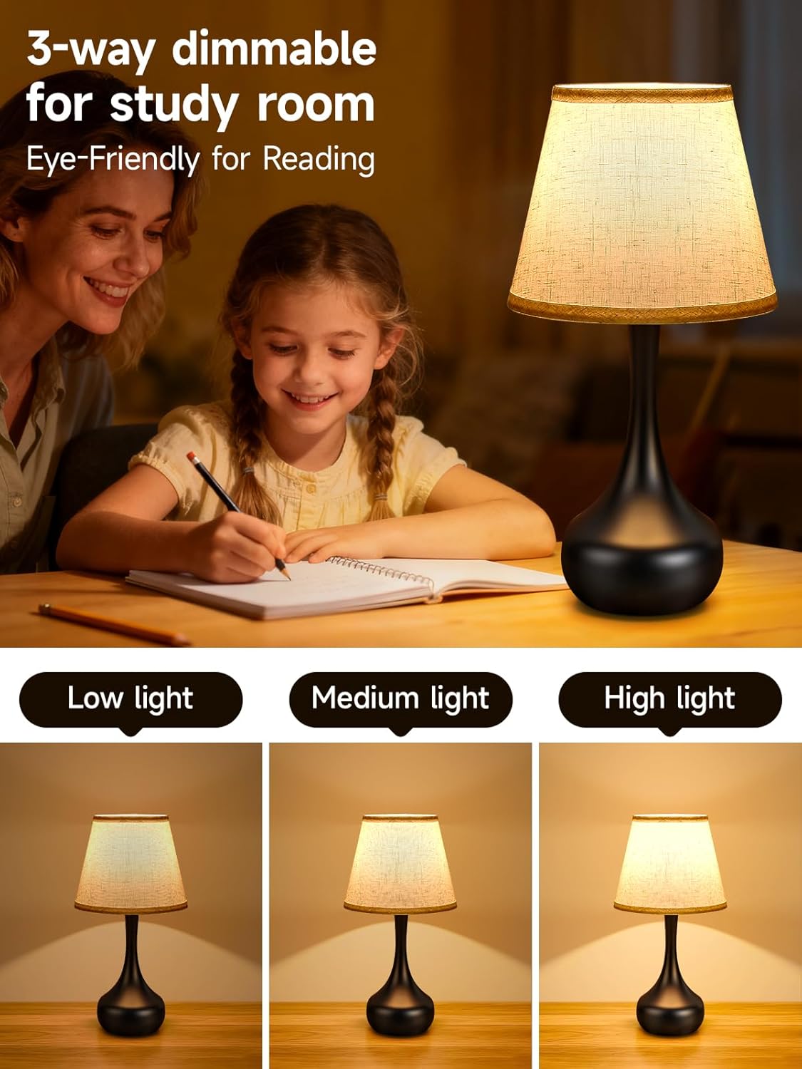Touch Table Lamp for Bedroom Set of 2, Farmhouse 3-Way Dimmable Table Lamps for Nightstand with Fabric Shade, Lamps for Living Room，Desk Lamps for Home Office, Black Lamp for Bedroom
