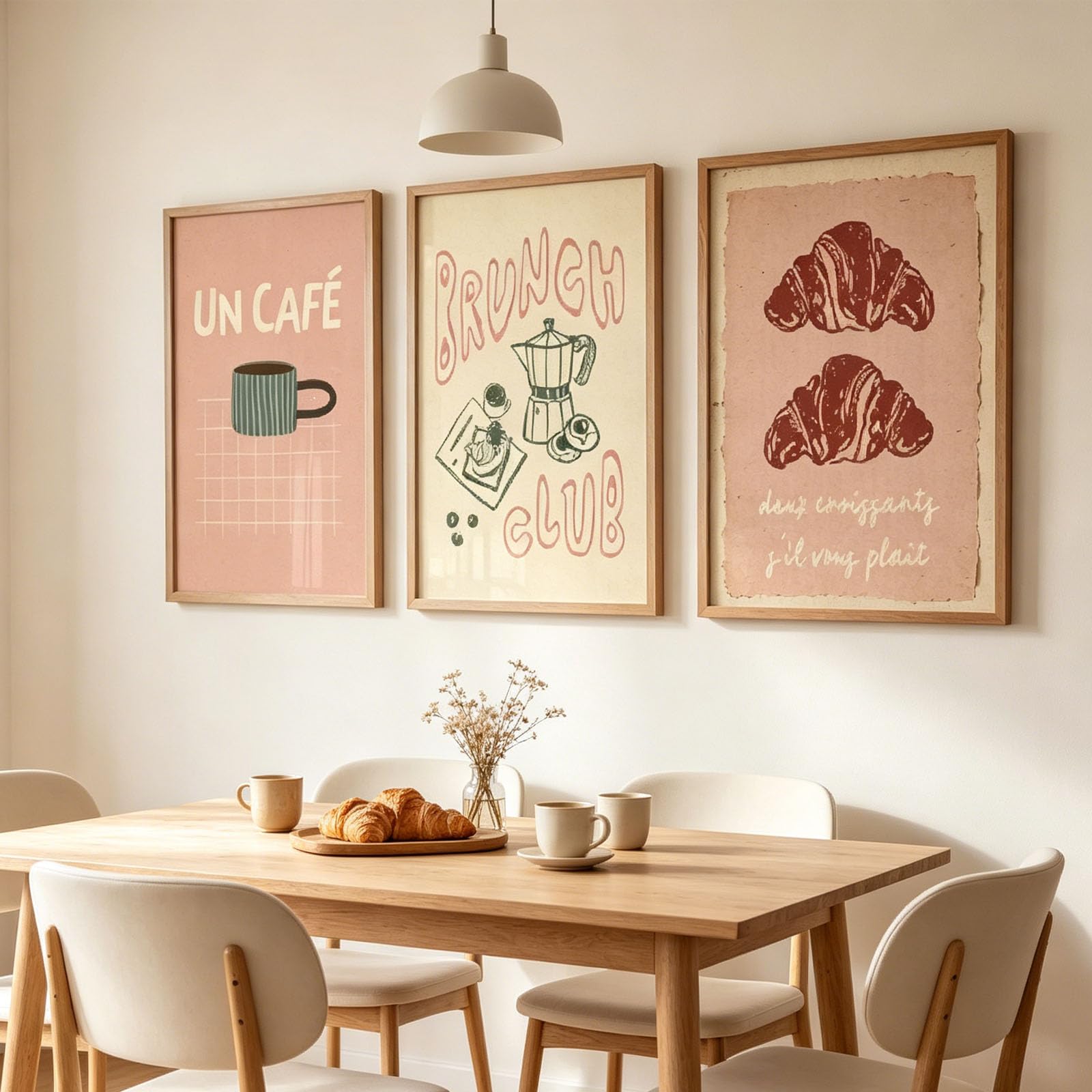 JORCEDI 3pcs Vintage Coffee & Croissant Poster Set, Stunning Canvas Wall Art for Kitchen, Living Room & Dining Room, Modern Retro Wall Decor with Pink Accents, Unframed (21 * 30cm)