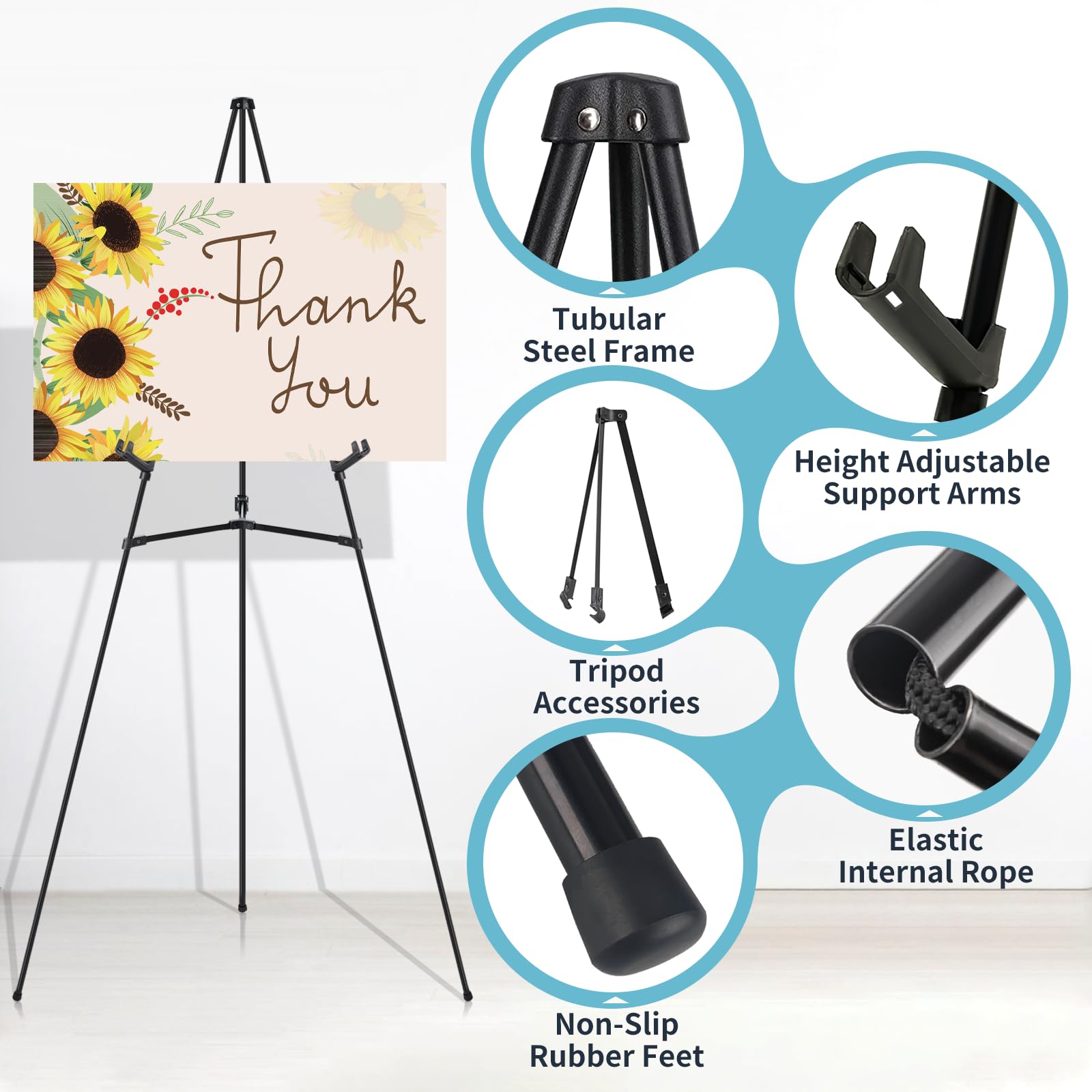 JEAWIWI 3 soportes de caballete negro para letreros de boda, soporte ajustable negro de 65 pulgadas, soporte de caballete plegable portátil con accesorios, caballete de póster de metal para