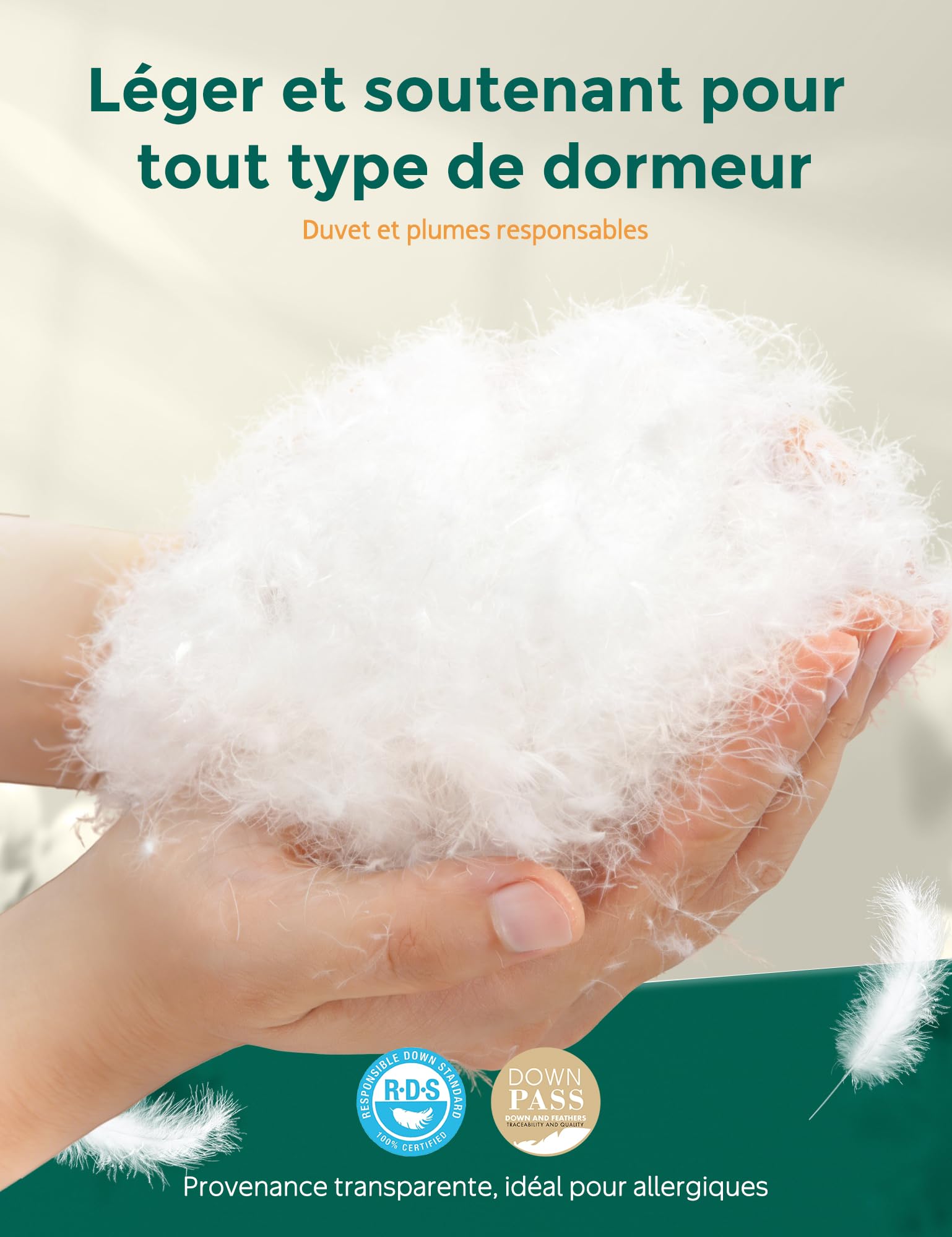 APSMILE Oreiller en Plumes 50x75 avec Remplissage à 3 Compartiments - Oreiller 50x75 100% Coton Bio, Doux & Soutien (Blanc,2 pièces)…