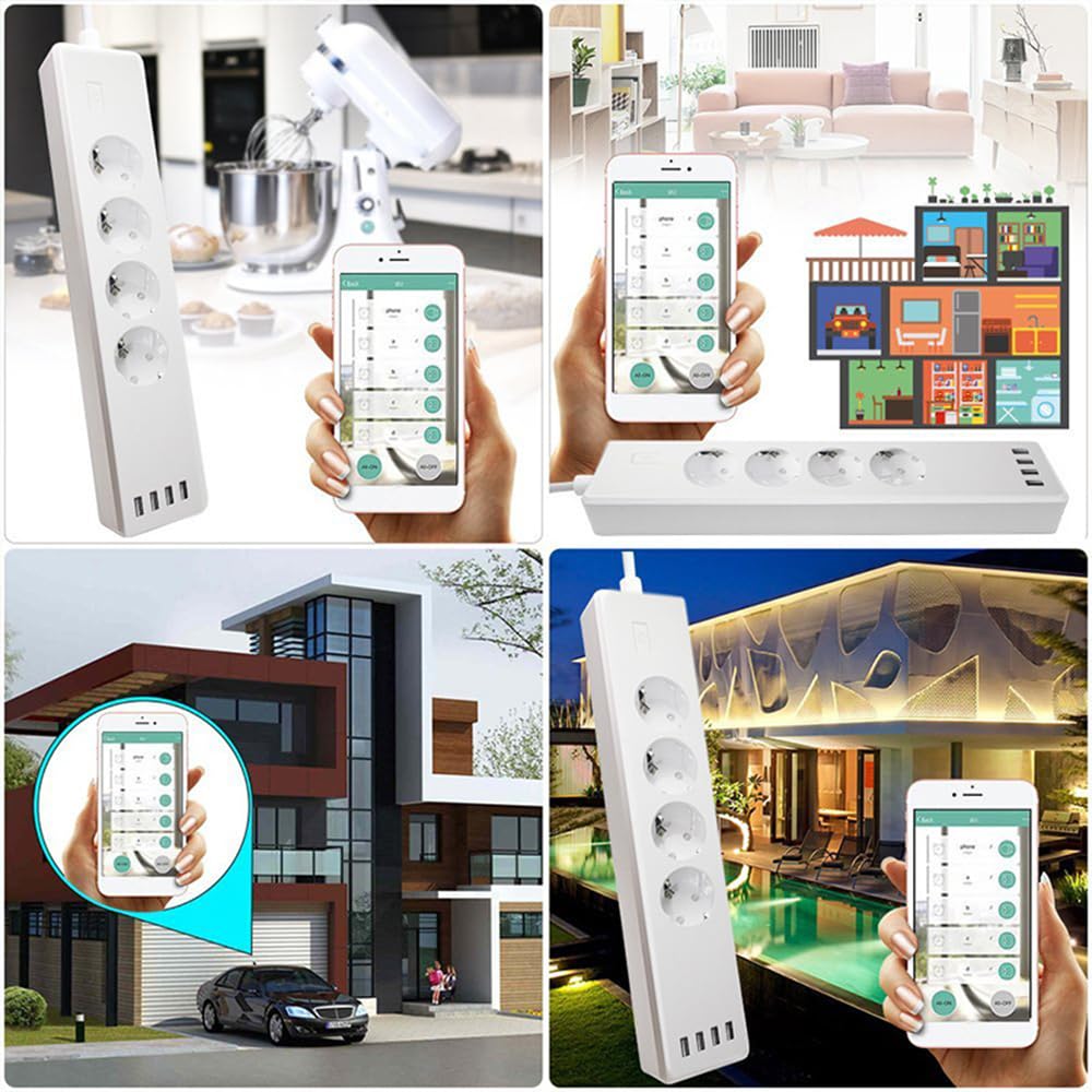 Jemora Multiprise Wi-Fi intelligente 16 A avec 4 prises de protection contre les surtensions et 4 ports USB Prises intelligentes multi-ports Télécommande Wi-Fi avec fonction de synchronisation Compati