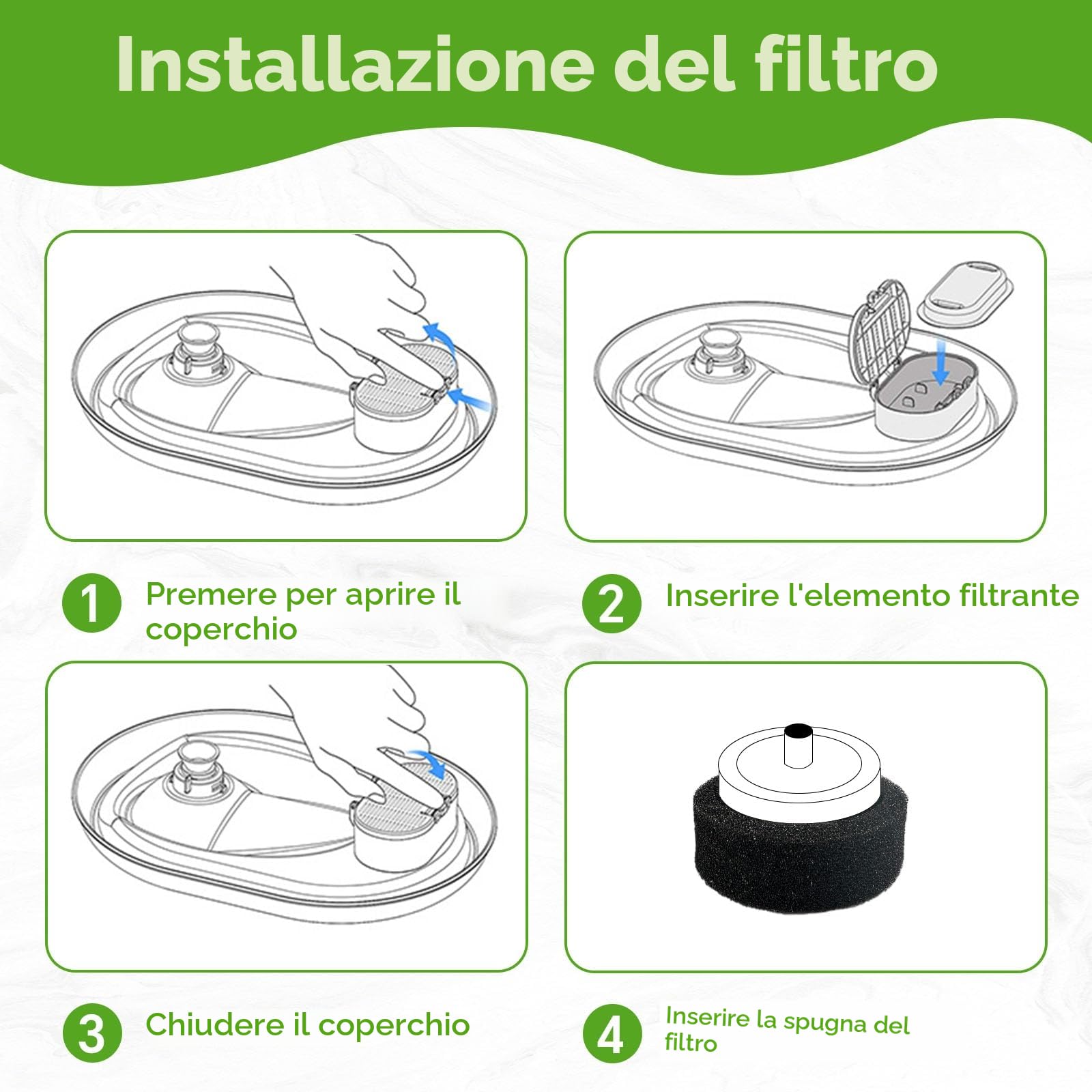 KOMABLEN 24 Pezzi Filtri Fontanella per Gatti, Filtro con 12 Filtro Carboni Attivi e 12 Spugna In Schiuma, Tripla Filtrazione Filtri Fontana Gatto Cappa, Cani Filtri di Ricambio per Acqua