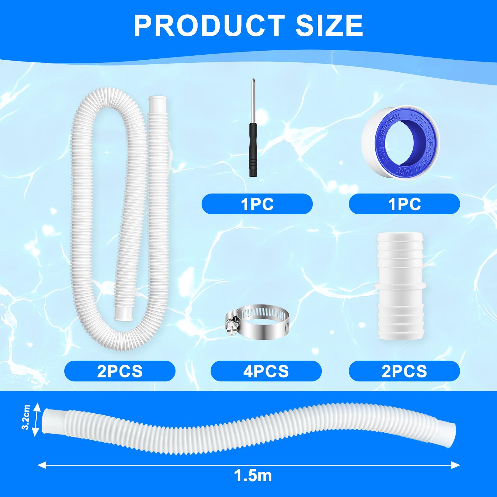 Lot de 2 Tuyaux Pour Piscine Hors-Sol 32mmx150cm, Kit de Tuyau de Piscine En PE Comprenant 4 Colliers de Serrage Métalliques de Sécurité, 2 Adaptateur de Tuyau,1 Ruban d'Étanchéité,1 Tournevis