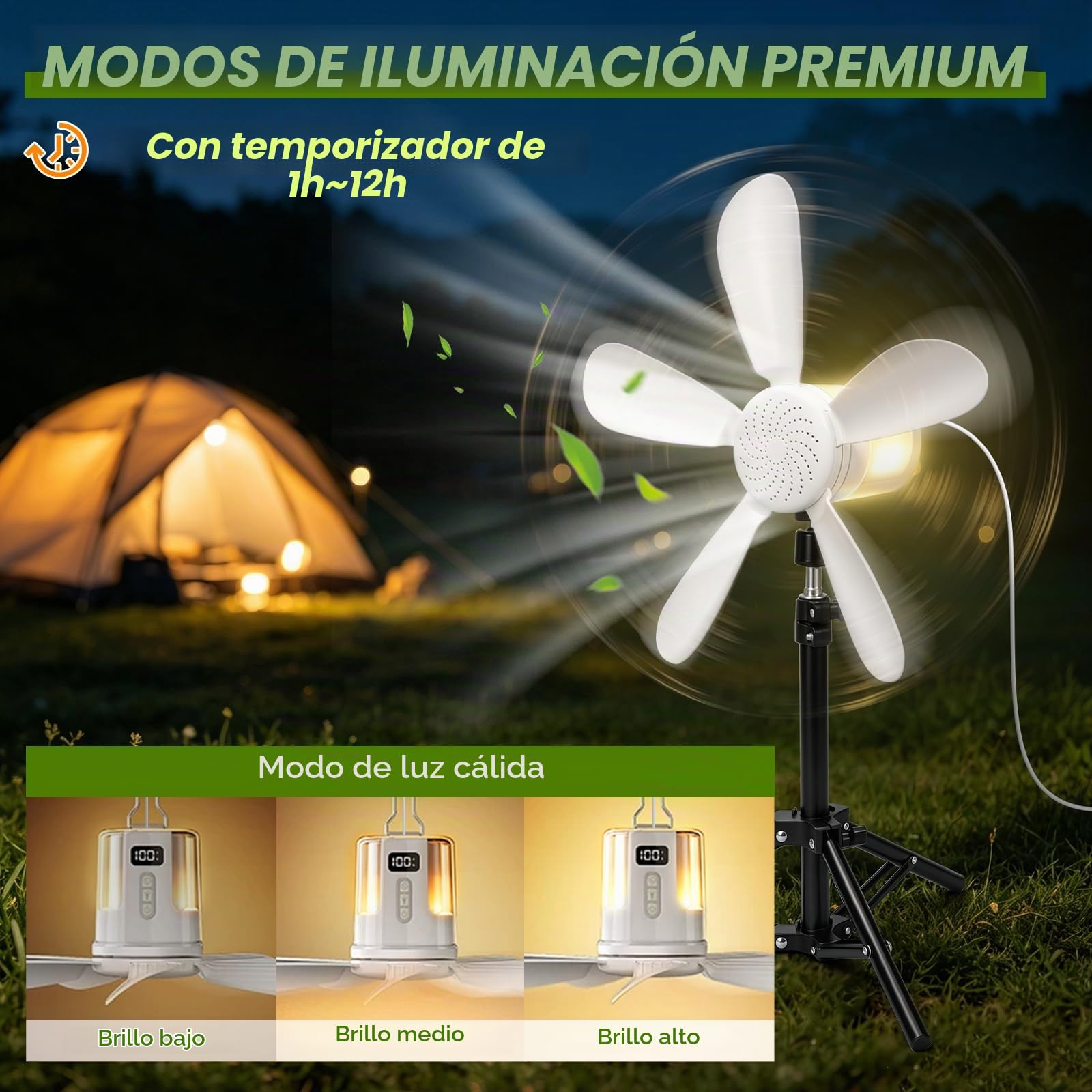 Roadtime Ventilador de techo de 40 cm portátil con iluminación LED y mando