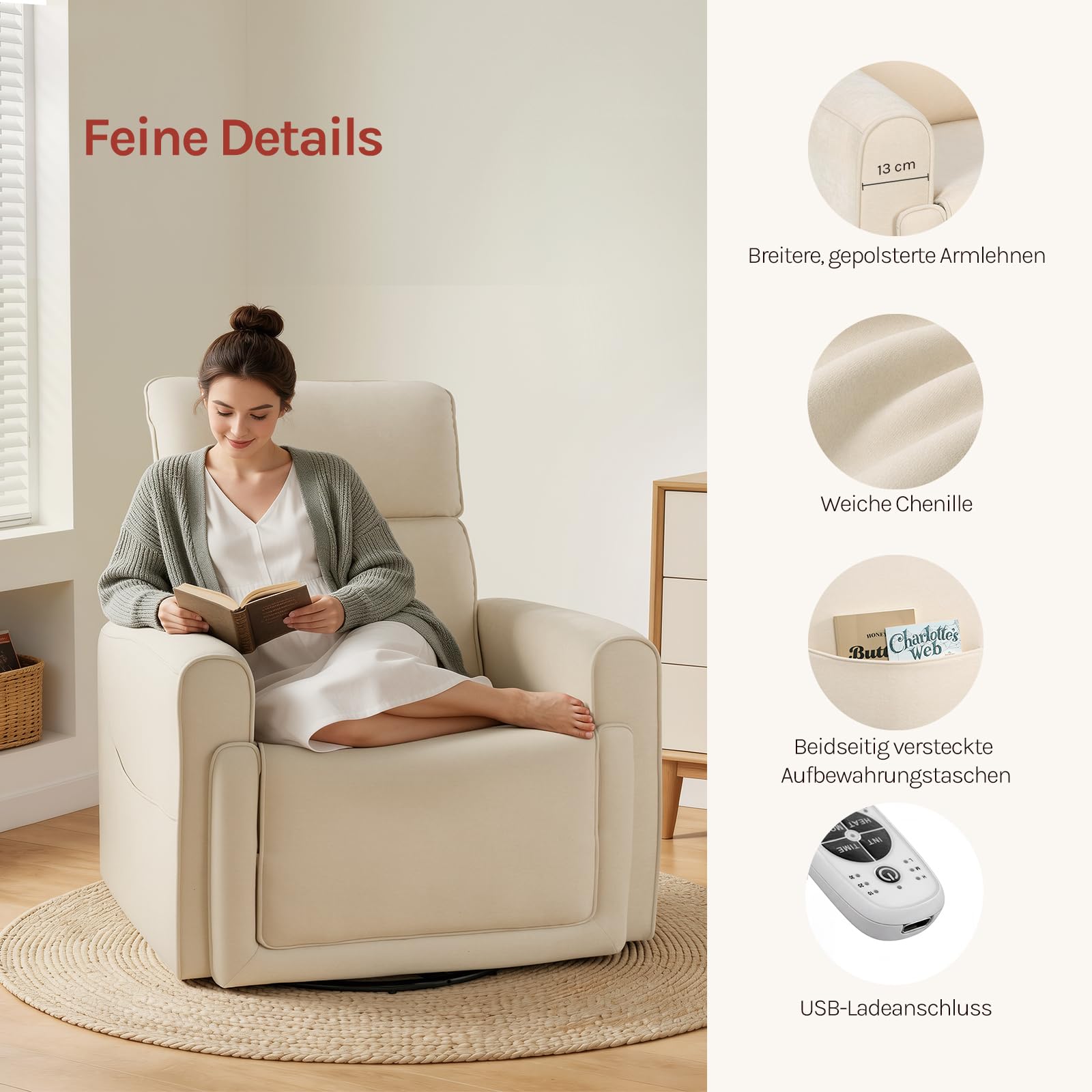 WOLTU Relaxsessel elektrisch, Fernsehsessel mit Liegefunktion, Beige | mit Wärmefunktion Massagefunktion, weicher Kopfstütze 2 Seitentaschen, bis 150 kg, aus Chenille, für Wohnzimmer Schlafzimmer