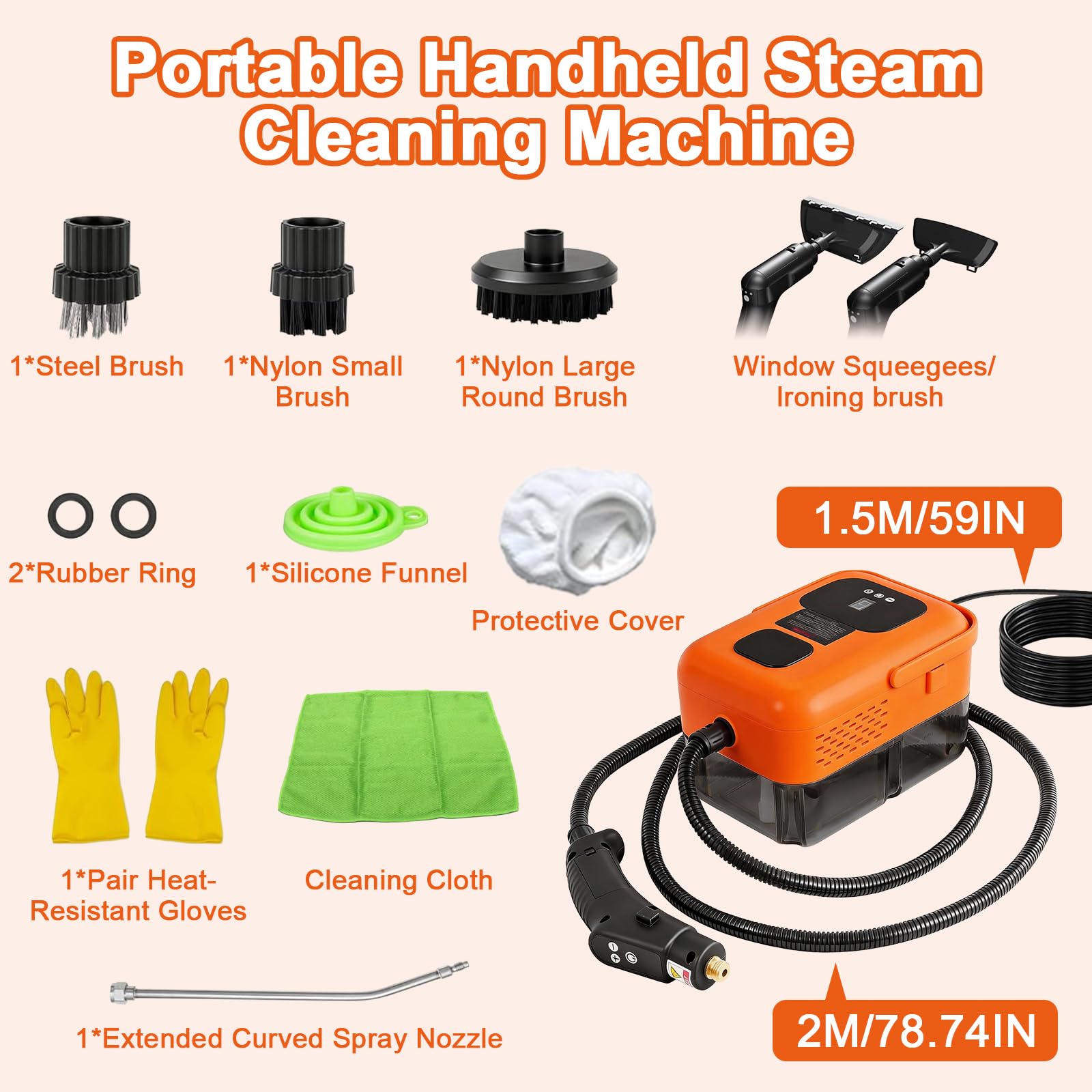 Limpiador de Vapor con Accesorios, 9 Velocidades 2500W Vaporeta Limpieza de Mano, Portátil Multiusos Vaporeta Limpieza Hogar Potente para Muebles de Cocina, Baño, Automóvil, Piso, Sofá (naranja)
