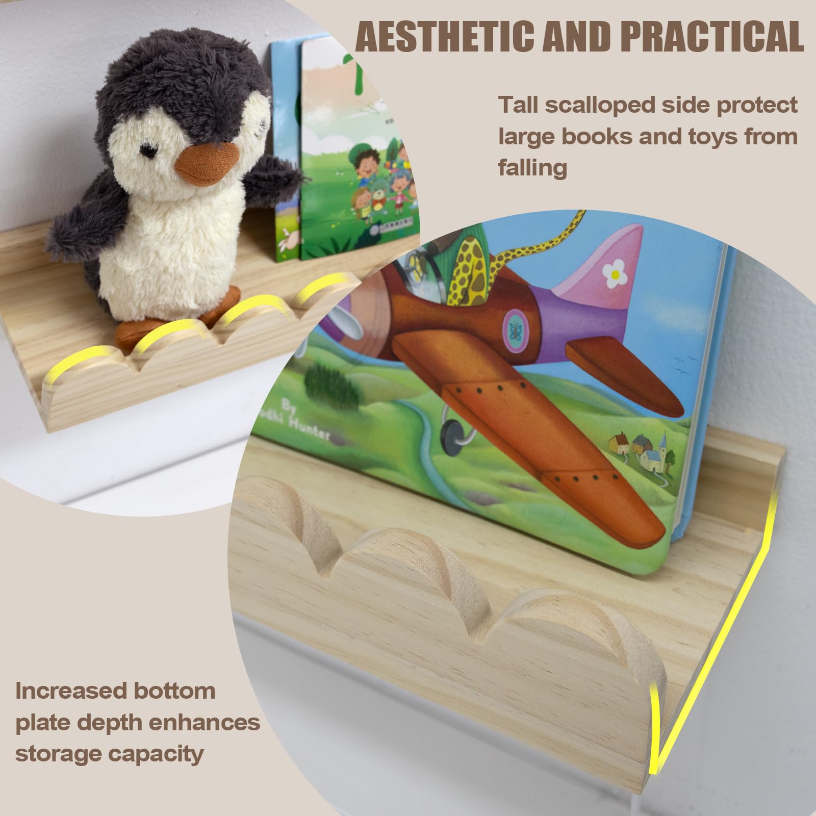 Estantes festoneados para guardería, estantes de pared para libros de pared para dormitorio, niños, estantería de guardería para pared, juego de 4, estantes flotantes para libros de