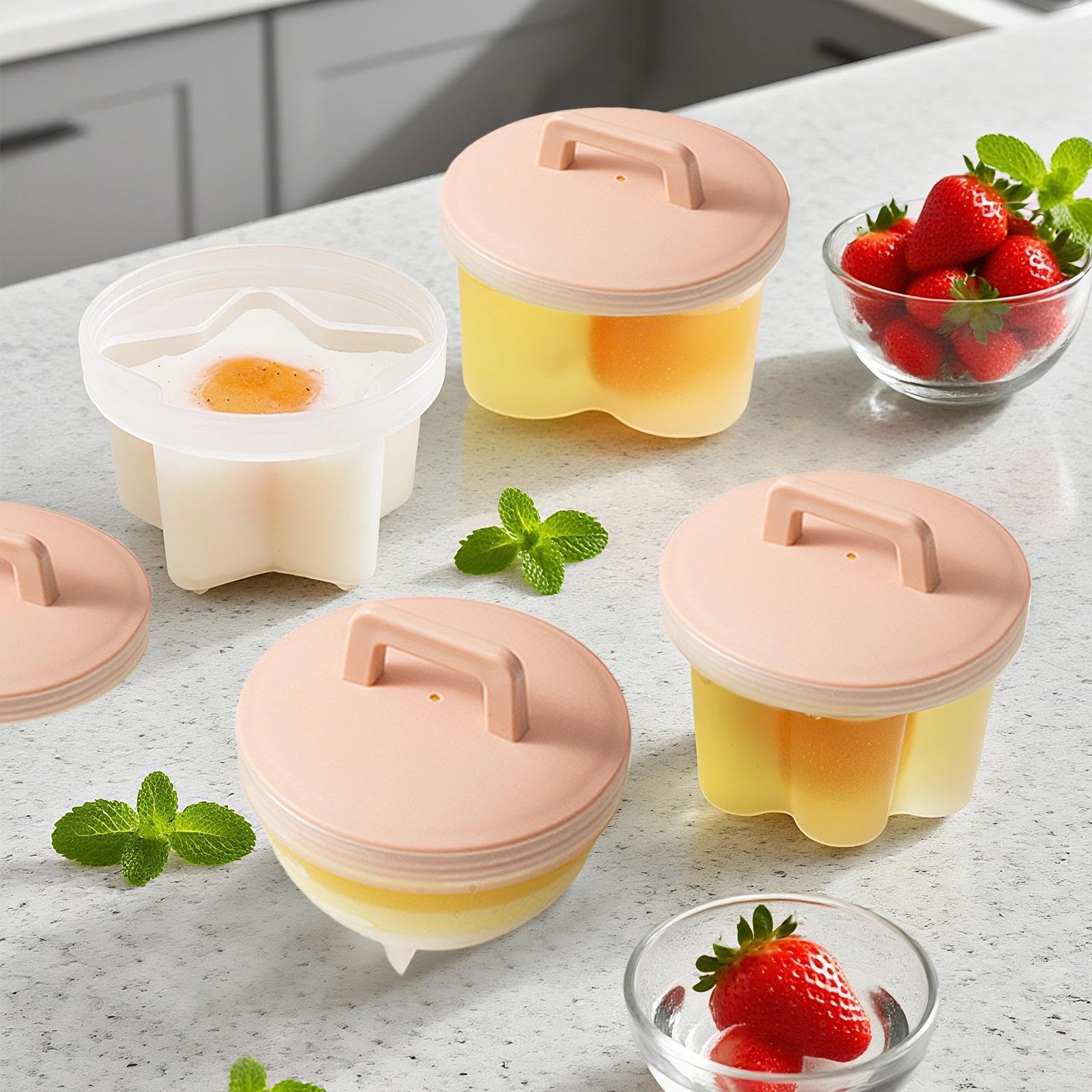 4 Stück Eierkocherform Set, Eierkocher mit Deckel und Ölpinsel Eierkocher Eierpochierbecher Nicht klebrig Eierkocher Set Omelettformkocher (Rosa)