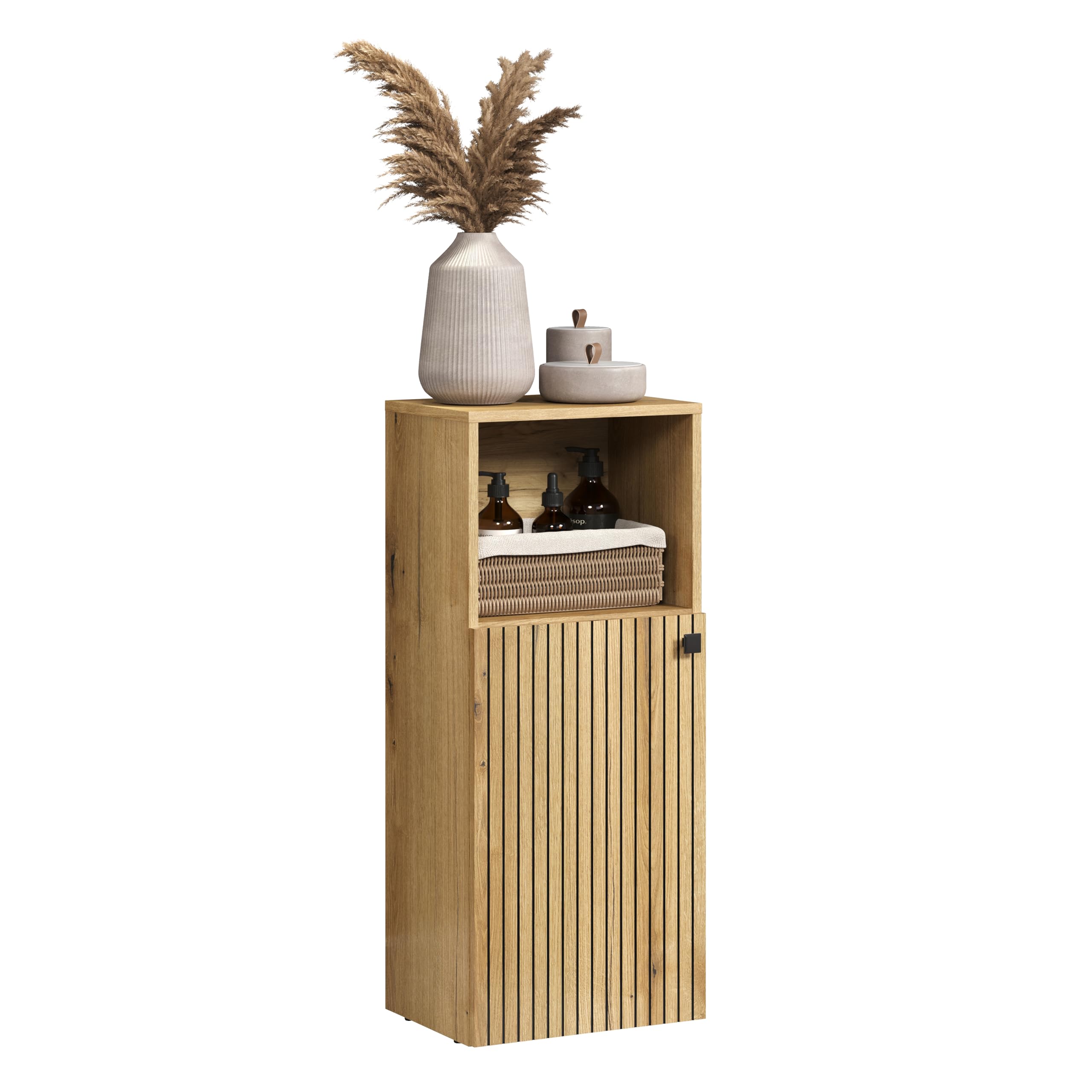 trendteam smart living - PureBliss - Kommode - Eiche - Badschrank in angesagter Rillenoptik - (BxHxT) 40 x 95 x 31 cm - schwarzer Metallgriff - 1 offenes und 2 geschlossene Fächer - kratzfest