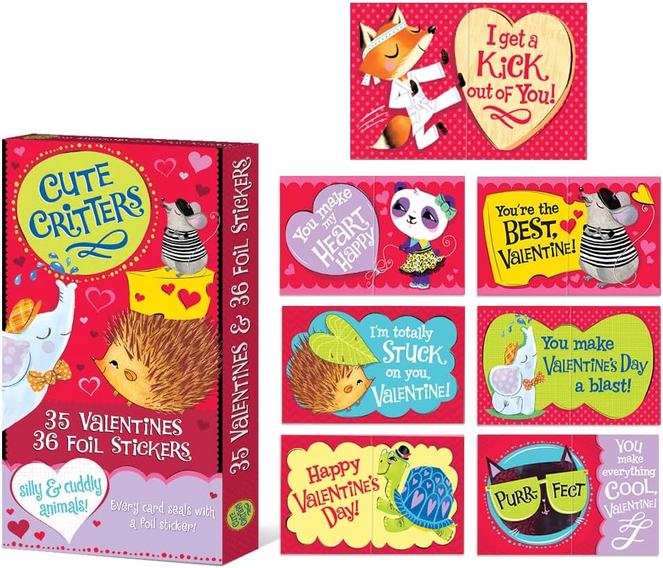 Designer Greetings Valentine’s Day Cute Critters Boxed Kids Cards and Sticker Assortment (35 Cards with 36 Foil Stickers)