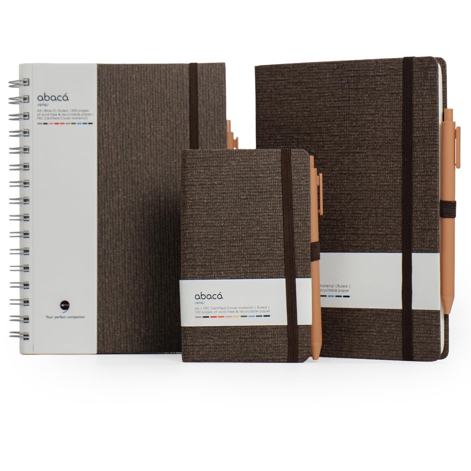 COMMA Abaca-Kombi, A5-Größe, gebunden, A5-Format, drahtgebundenes Notizbuch und A6-Taschennotizbuch, 192 Seiten (A5 HB und A6 HB) und 200 Seiten (A5 WB), 80 g/m² natürliches Schattierungspapier,