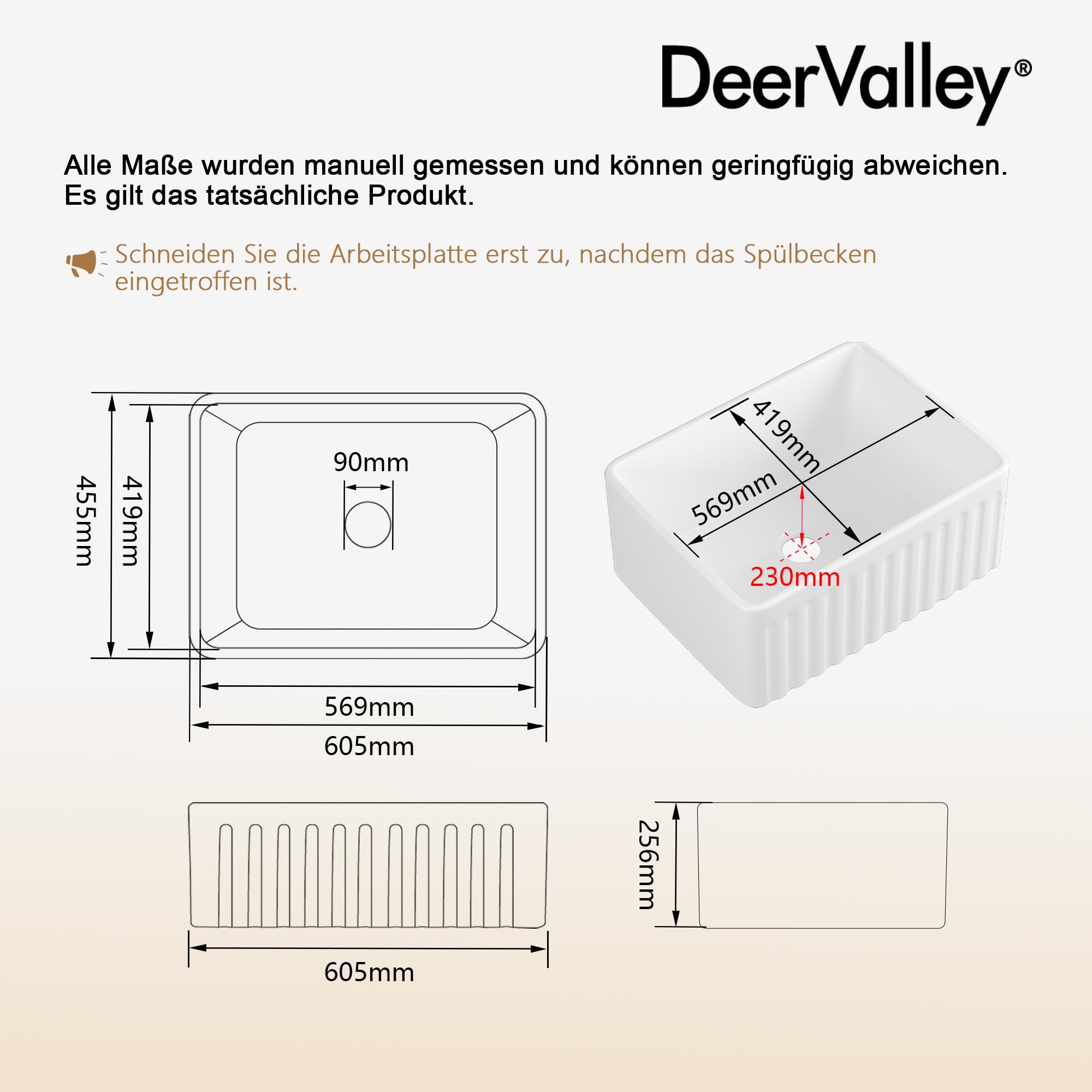DeerValley Fregadero de cocina de granja, fregadero de cerámica, 60,5 x 45,5 x 25,6 cm
