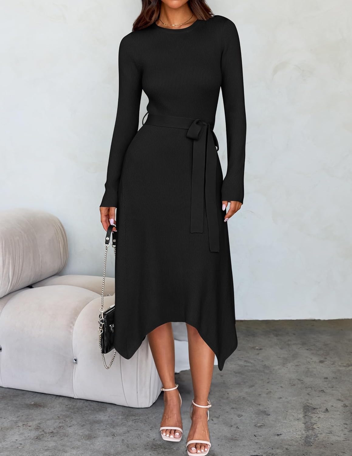 ZESICA Long Sleeve Sweater Dresses for Women 2026 Fall Winter Crewneck Ribbed Knit High Waist Midi Dress with Belt - Image 2