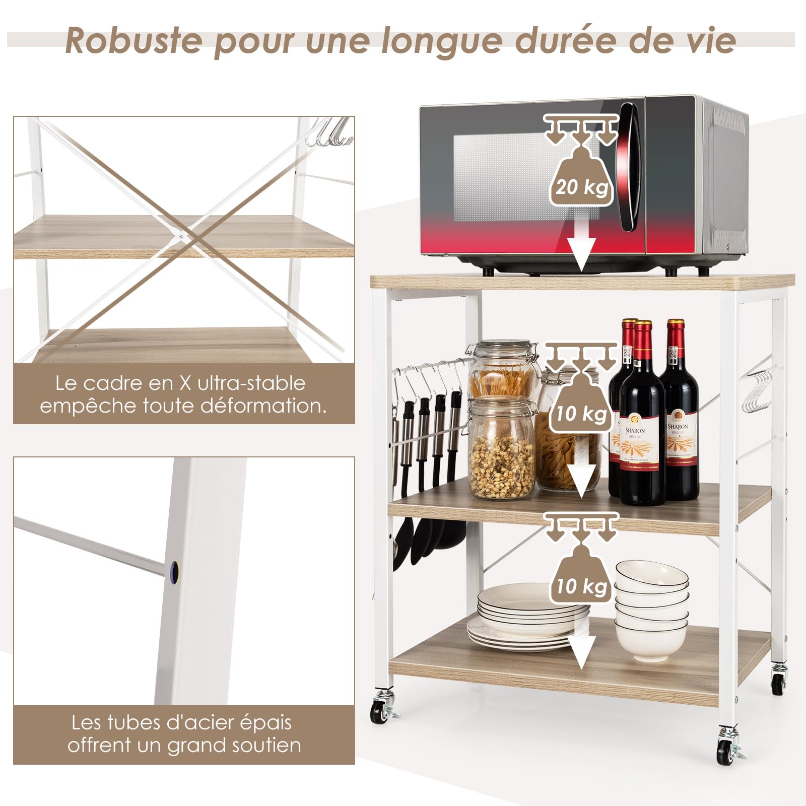 COSTWAY Desserte, Chariot de Service à Roulette, avec 10 Crochets Amovibles, Desserte de Cuisine à 3 Tablettes, Cadre Métallique (Naturel)