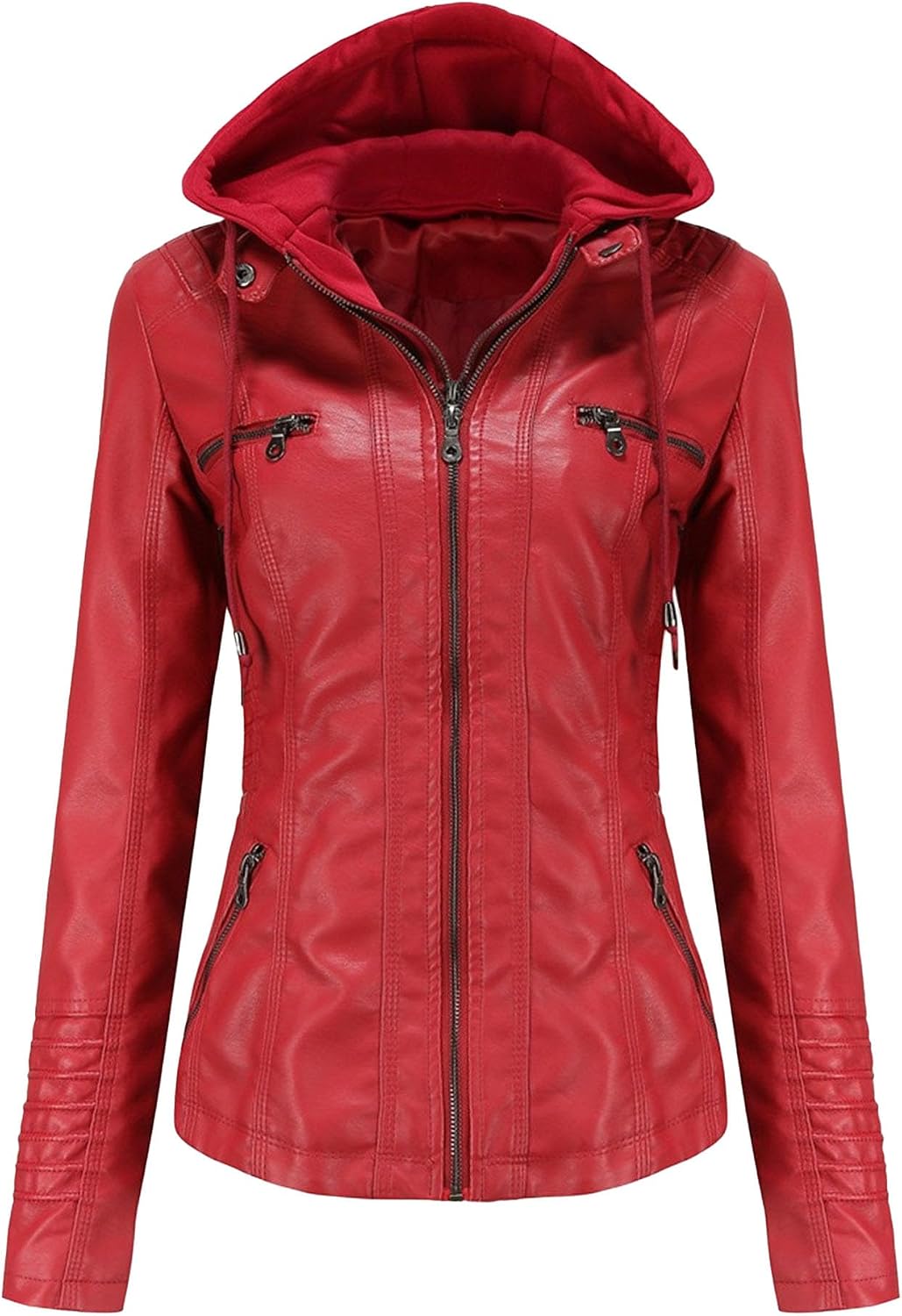 Women's Removable Hooded Faux PU Coat Vintage Washed Biker Jacket Open Front Fashion Fall Coats