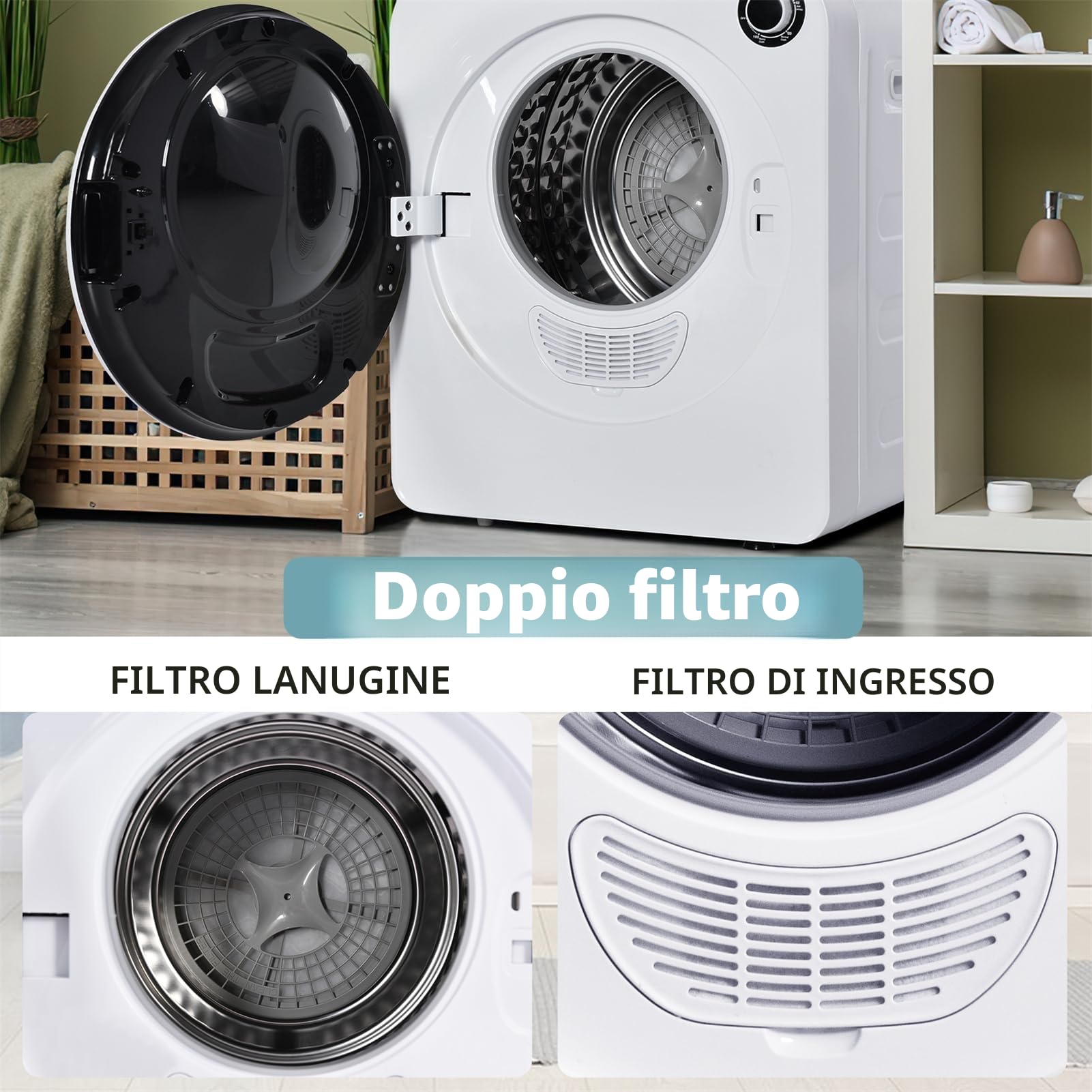 Sweiko Asciugatrice 3 kg in acciaio inossidabile, 5 programmi, triplo filtro, Bianco