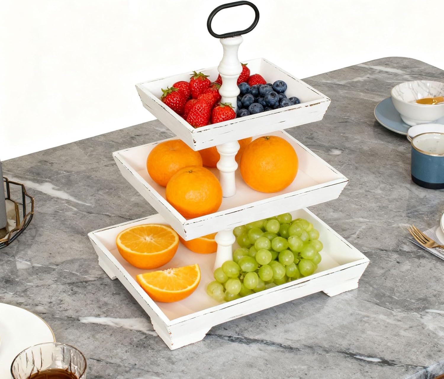 Large Rectangle Tiered Tray Stand 3 Tier Serving Tray Rustic Farmhouse Kitchen Decor with Metal Handle and Distressed Tiered Tray Stand Tiered Dessert Stand Cake Stand (White)