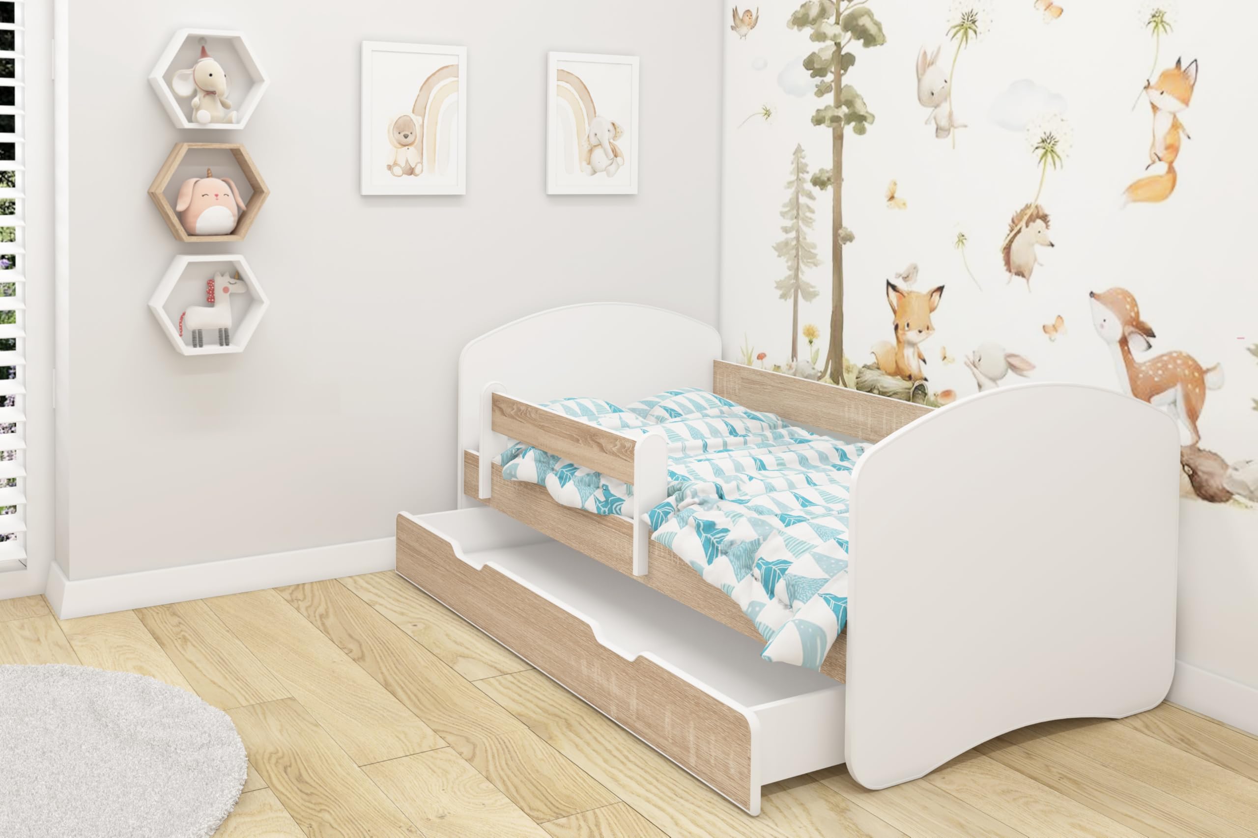 ACMA II Lit Junior 180x80 cm Décor Chêne Sonoma avec Matelas et Sommier à Lattes - Lit Enfant avec Barrières de Sécurité, Supporte Jusqu’à 120 kg, Version avec Tiroir