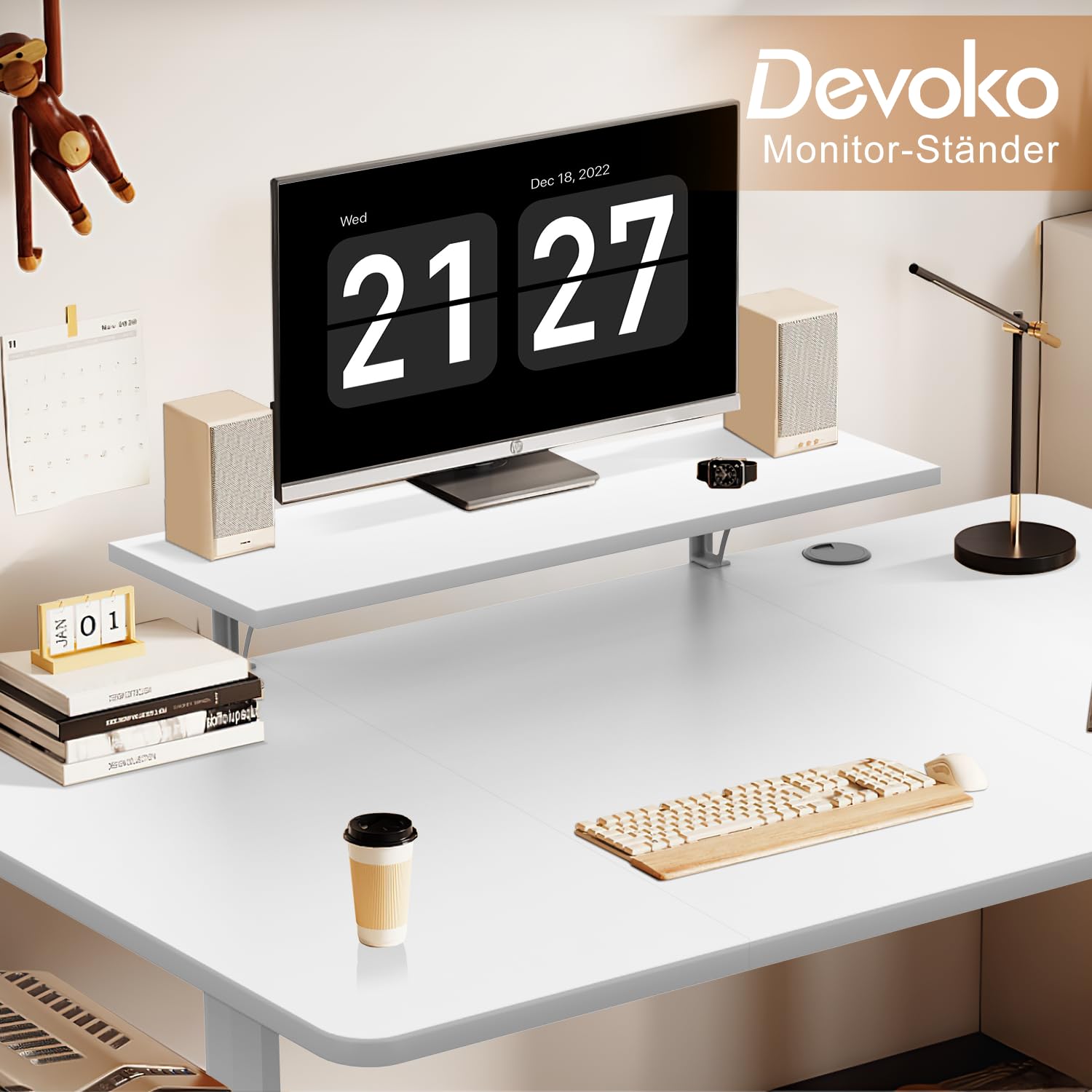 Devoko Scrivania Regolabile in Altezza 140 x 60cm con Supporto per Monitor, Scrivania da Ufficio Regolabile in Altezza, Scrivania Gaming per Computer, per il Telelavoro(140x60cm,Bianco)