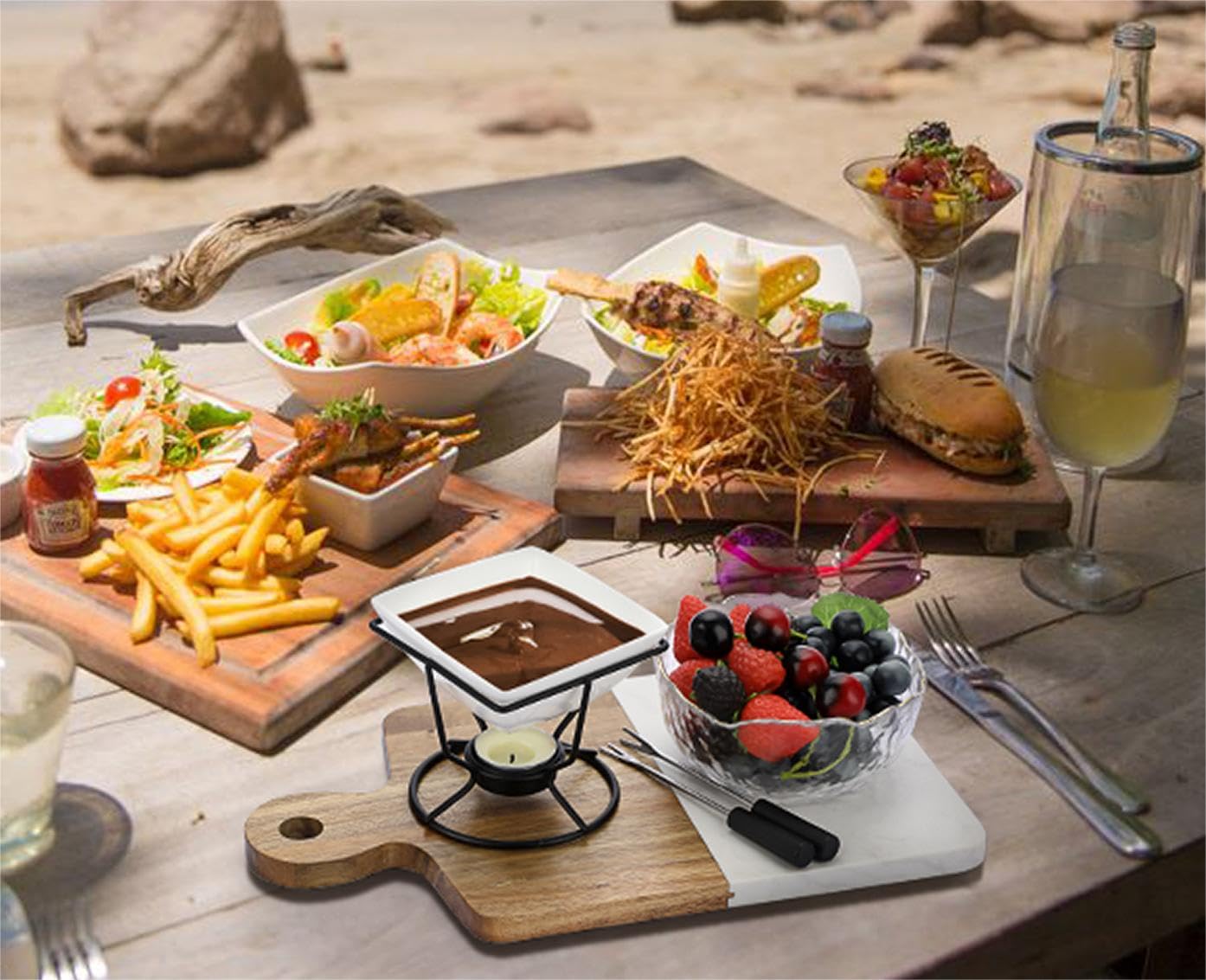Juego de Fondue de Chocolate Quemador de Cerámica Cuadrado Blanco con 2 Tenedores Calentador de Helado de 200ML con Soporte Redondo de Hierro Negro para Chocolate Mantequilla Queso