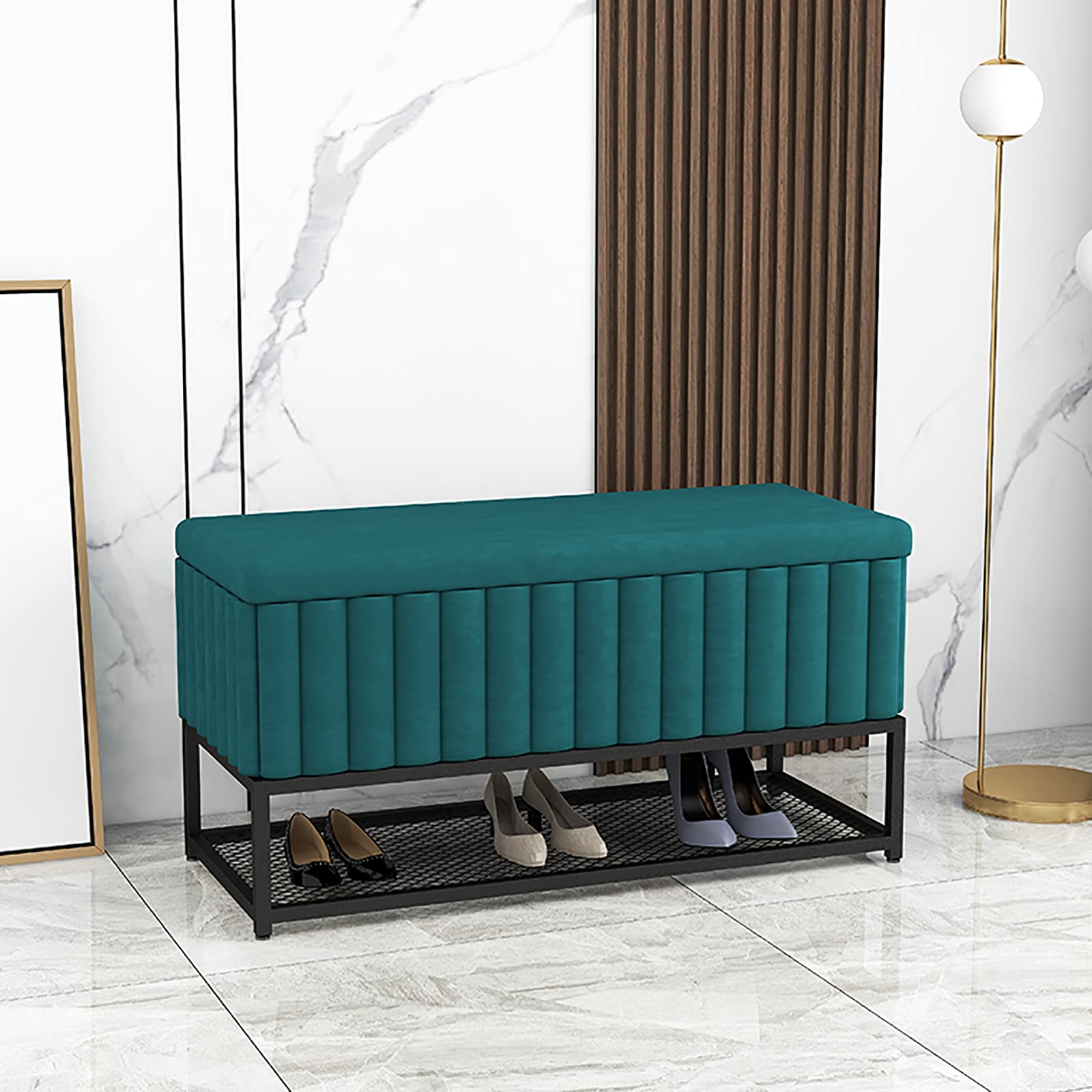 Ławka do przechowywania butów z metalową półką, stylowy organizer na buty wejściowe, oszczędność miejsca, idealna do wejścia do domu, łatwy dostęp do obuwia