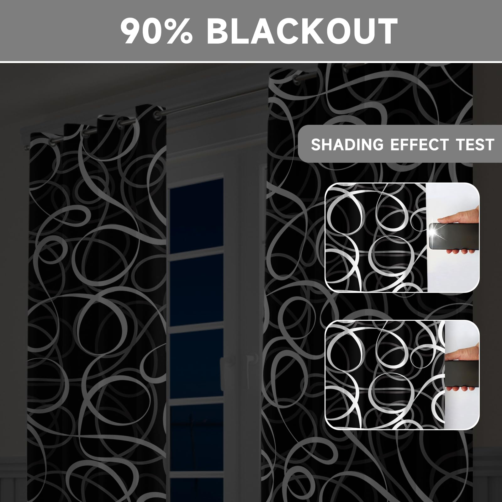 tubeamin Black White Geometric Curtains 2 Panels Blackout Curtain Grey Abstract Line Black Out Modern Pattern Window Treatments Heat Blocking Room Darkening Decor for Living Room Bedroom 52x84 Inch - Image 4