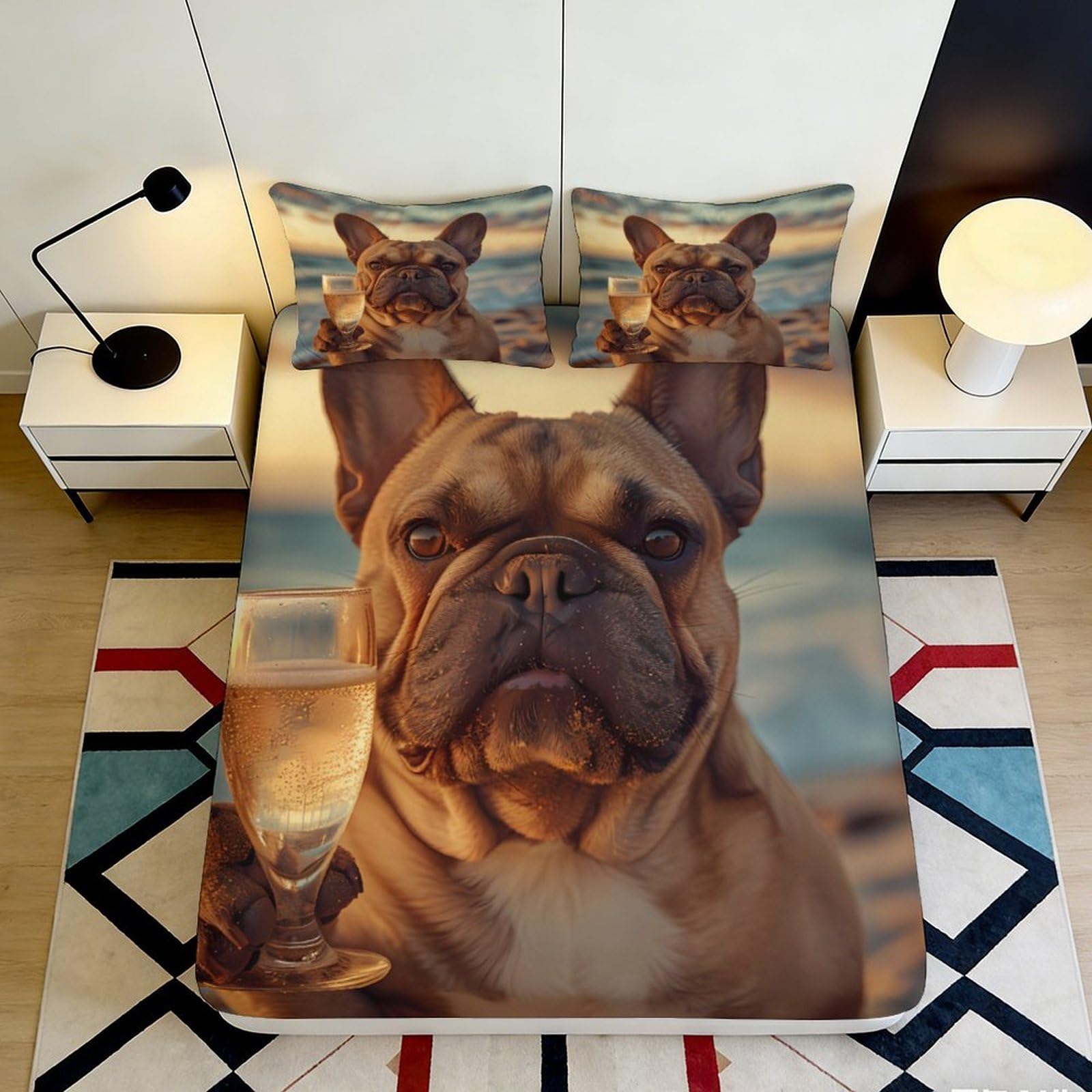 3D Printed French Bulldog Champagne Fitted Sheet Microfiber Non Slip Bed Cover for Bedroom Dorm Guestroom Decor 114 90x200x25cm