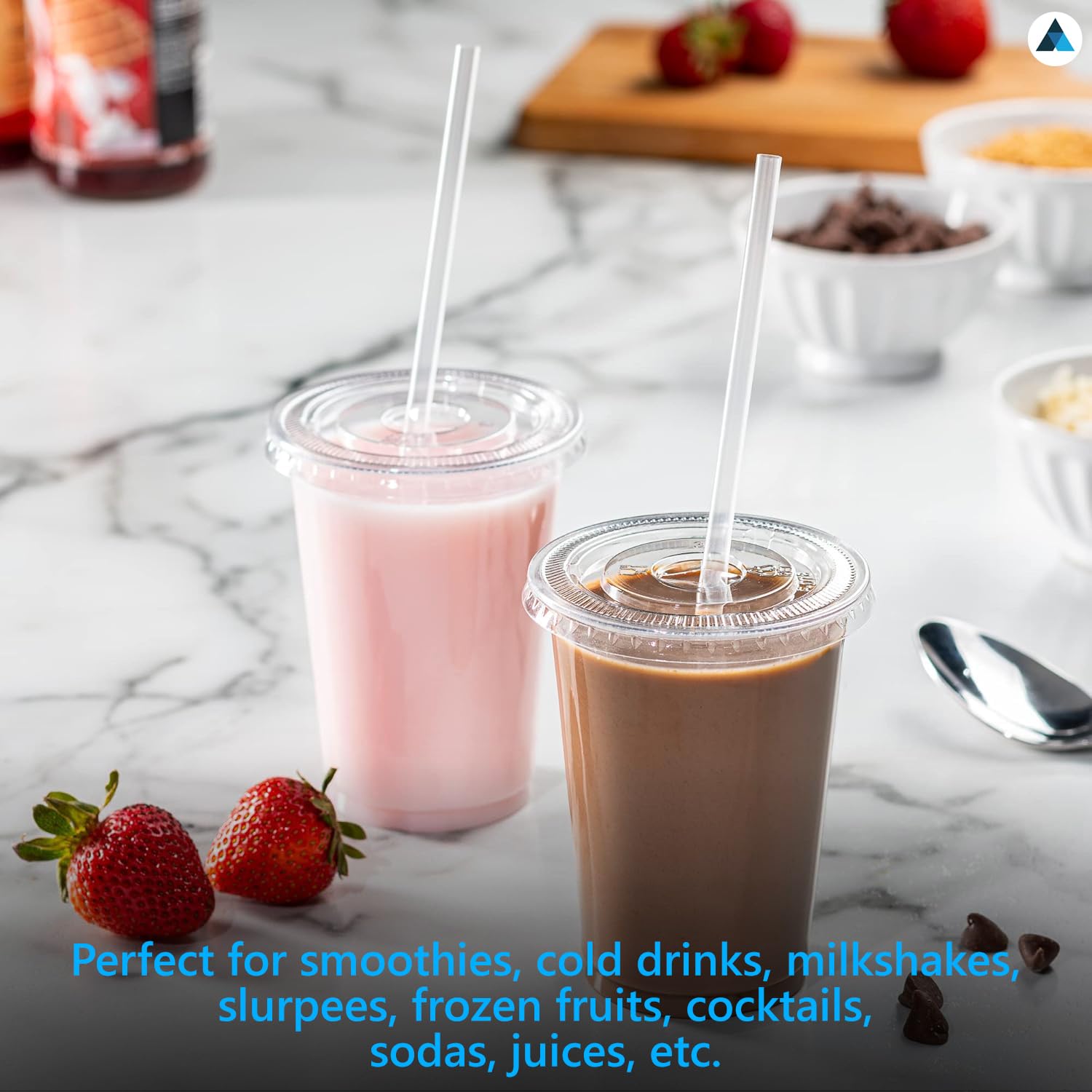 Kristallklare Smoothie-Becher mit flachem Deckel, perfekt für Eiskaffee, Milchshake, Slurpee, Eis, Razzle, Slush, Smoothy, Party, 340 ml, 200 Stück