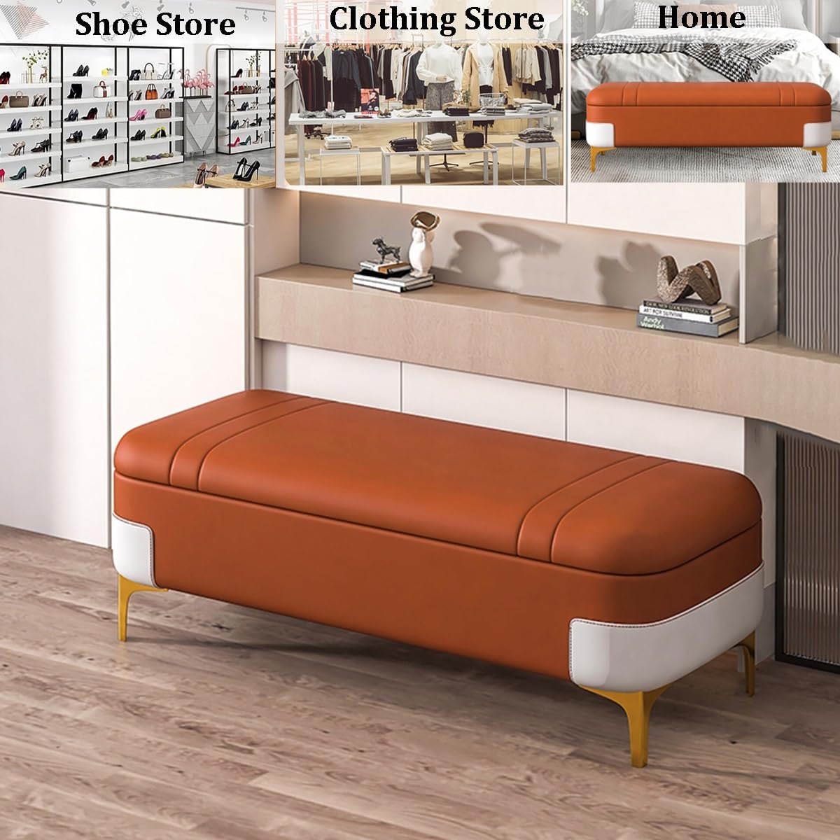 Prostokątny Podnóżek Z Ukrytym Schowkiem Tapicerowany Podnóżek Ottoman Z Schowkiem, Metalowymi Nogami Ławka Do Sypialni Lub Salonu(Orange,80cm)