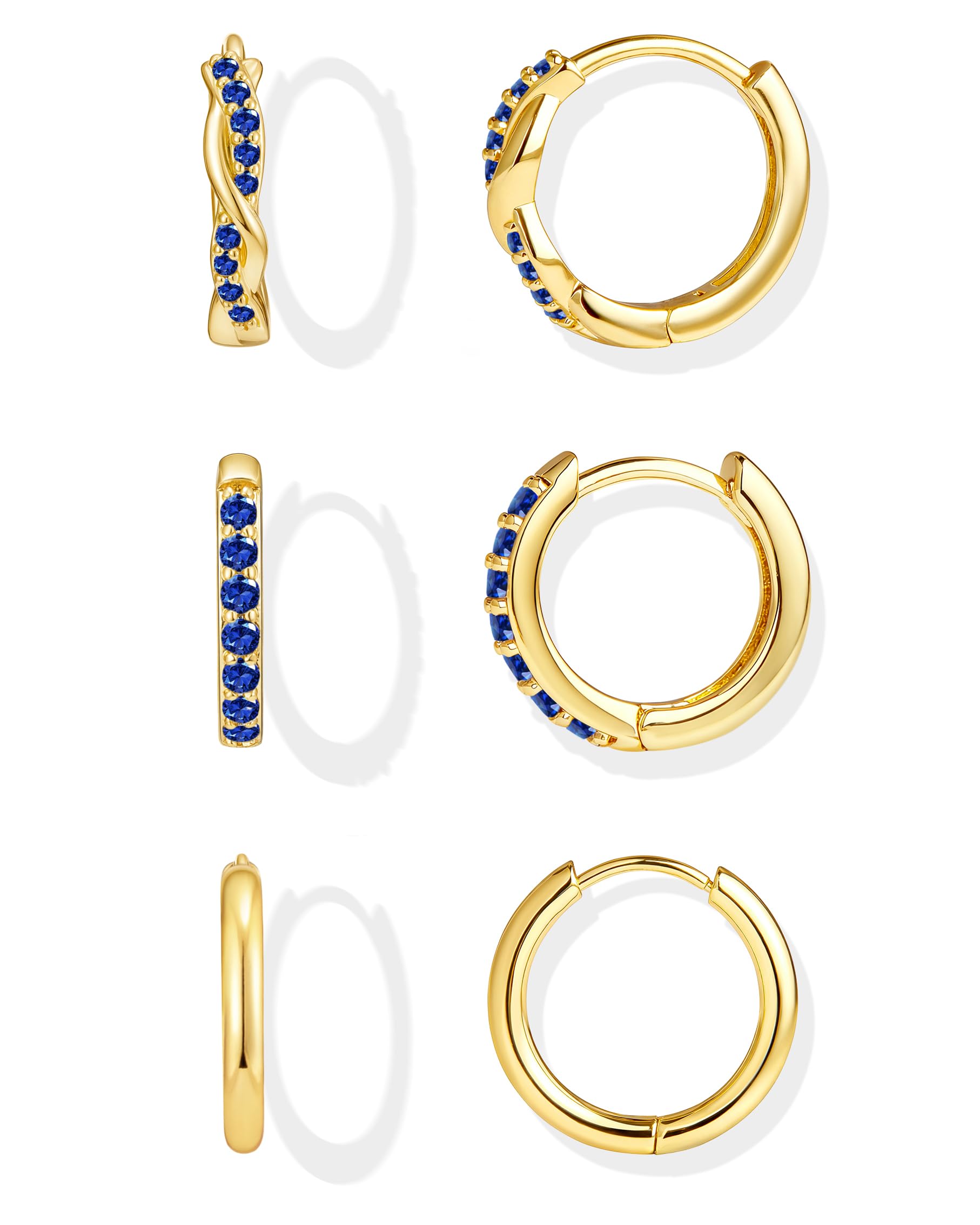 Inerney Gold Huggie Hoop Earrings Set for Women, Dainty Small Sterling Silver Earring Stacks Hypoallergenic Jewelry for Multiple Piercings, Trendy Twisted Cute Cartilage Hoops Birthstone Gift 3 Pairs