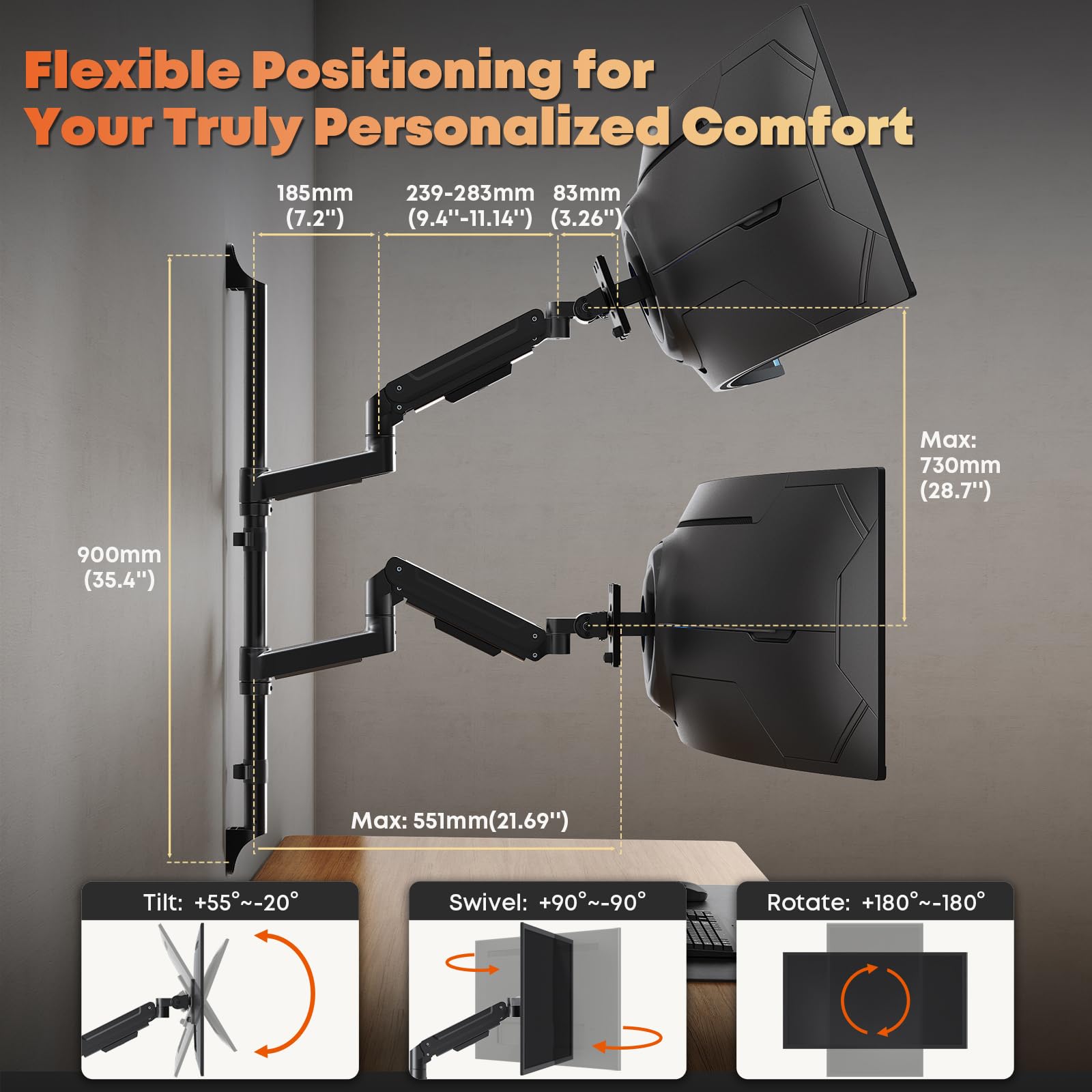 Dual Monitor Wall Mount für 17-49" Ultrawide-Bildschirme, Voll Verstellbarer Gasfeder-Monitorarm,hält bis zu 20 kg pro Arm, VESA 75/100mm, Platzsparende Schreibtischlösung für Büro & Zuhause, Schwarz