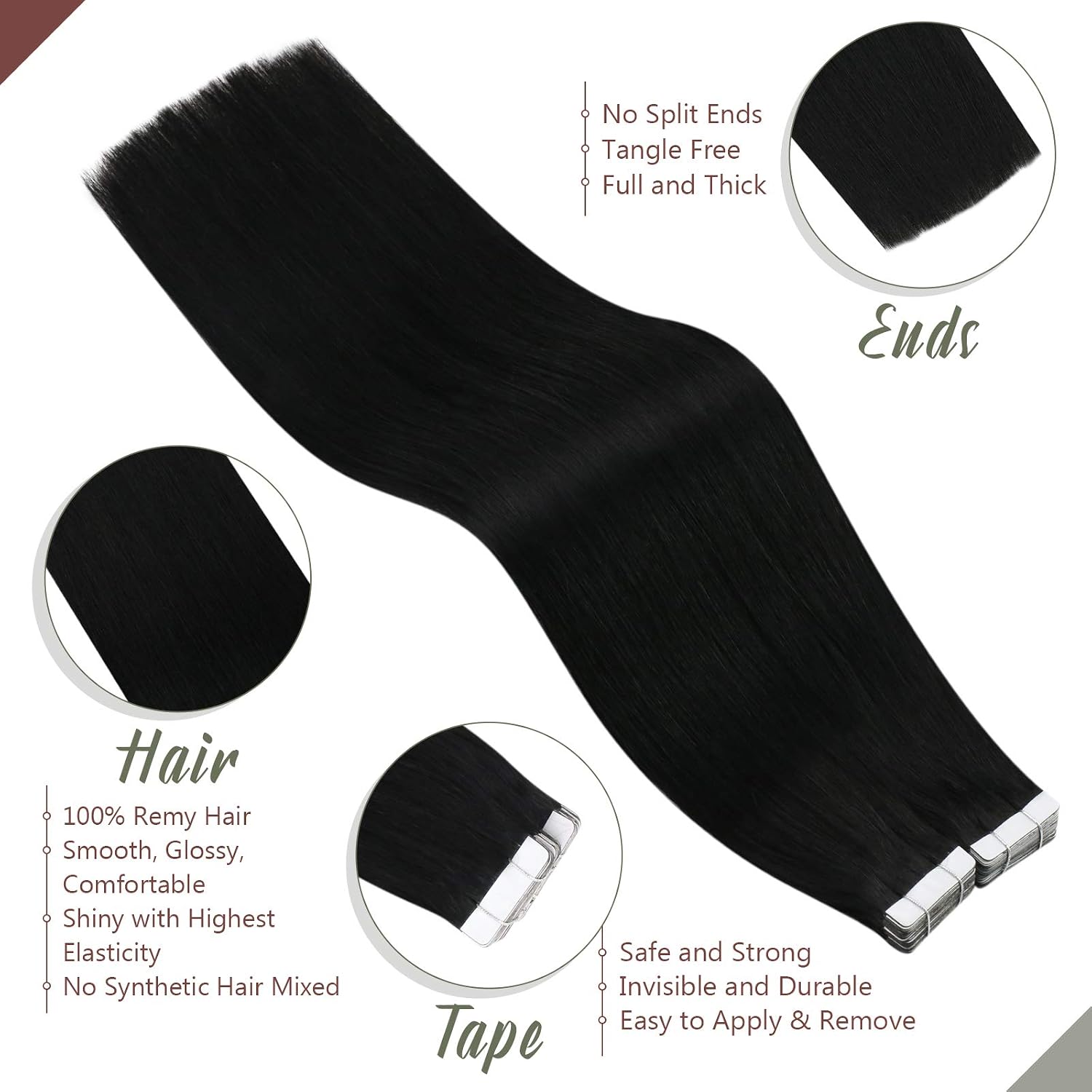 Ugeat Tape in Hair Extensions Black Tape in Extensions Human Hair Jet Black Hair Extension Tapes in 14 Inch Remy Soft Ends Easy Installation 20Pcs 40G - Image 4