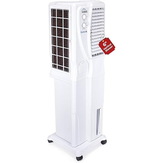 HAVAI Bullet XL Tower Cooler |6 Inch Vertical Blower |100 Sq Feet Area Coverage|34 Litre Tank Capacity, Two Side Honeycomb, 10 Feet Air Throw, 1 Year Warranty|3 Speed Control | White Color