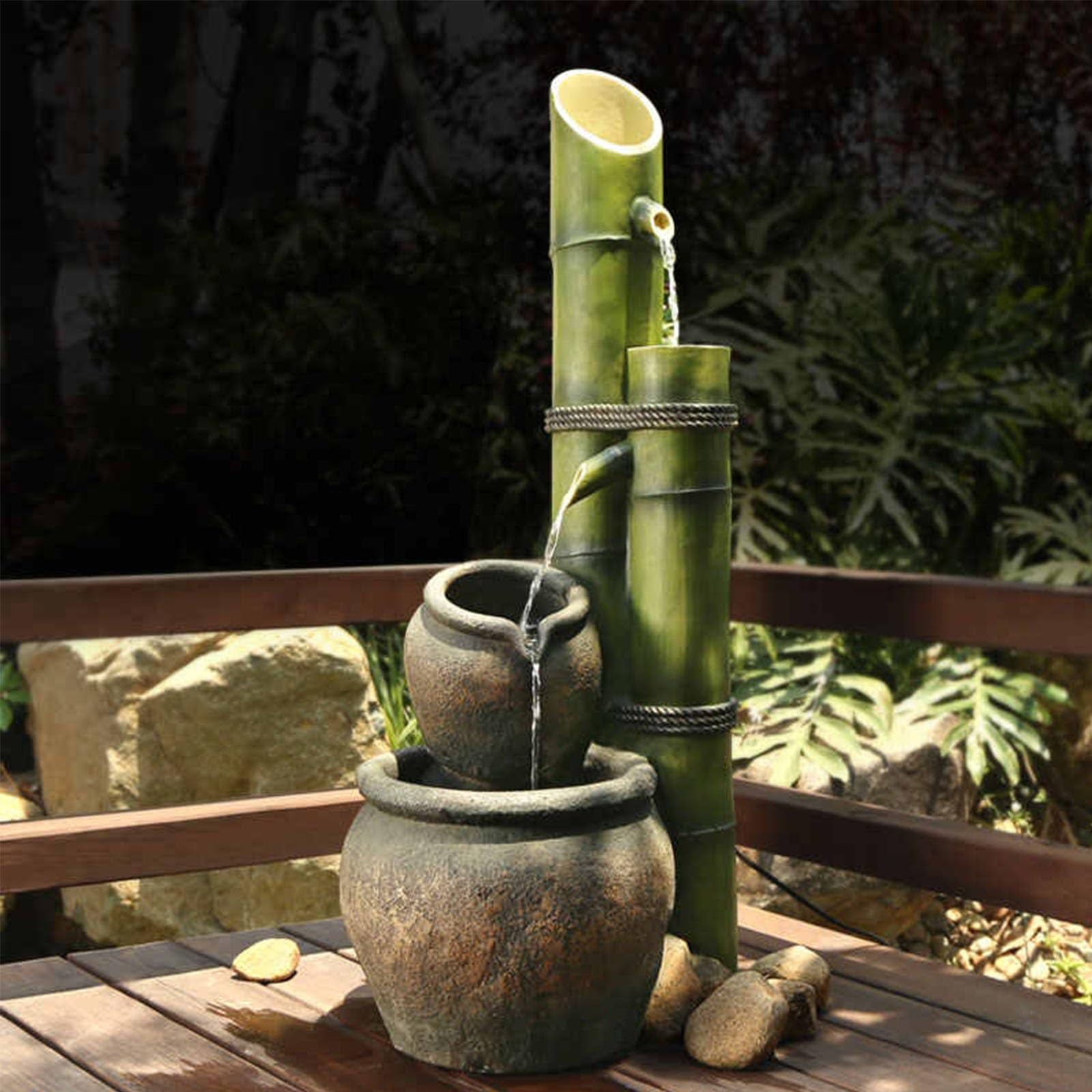 Fuente De Agua para Exterior, Cascada De Resina Independiente, Diseño Similar Al Bambú, Gran Fuente Decorativa Zen para Jardín, Patio, Terraza