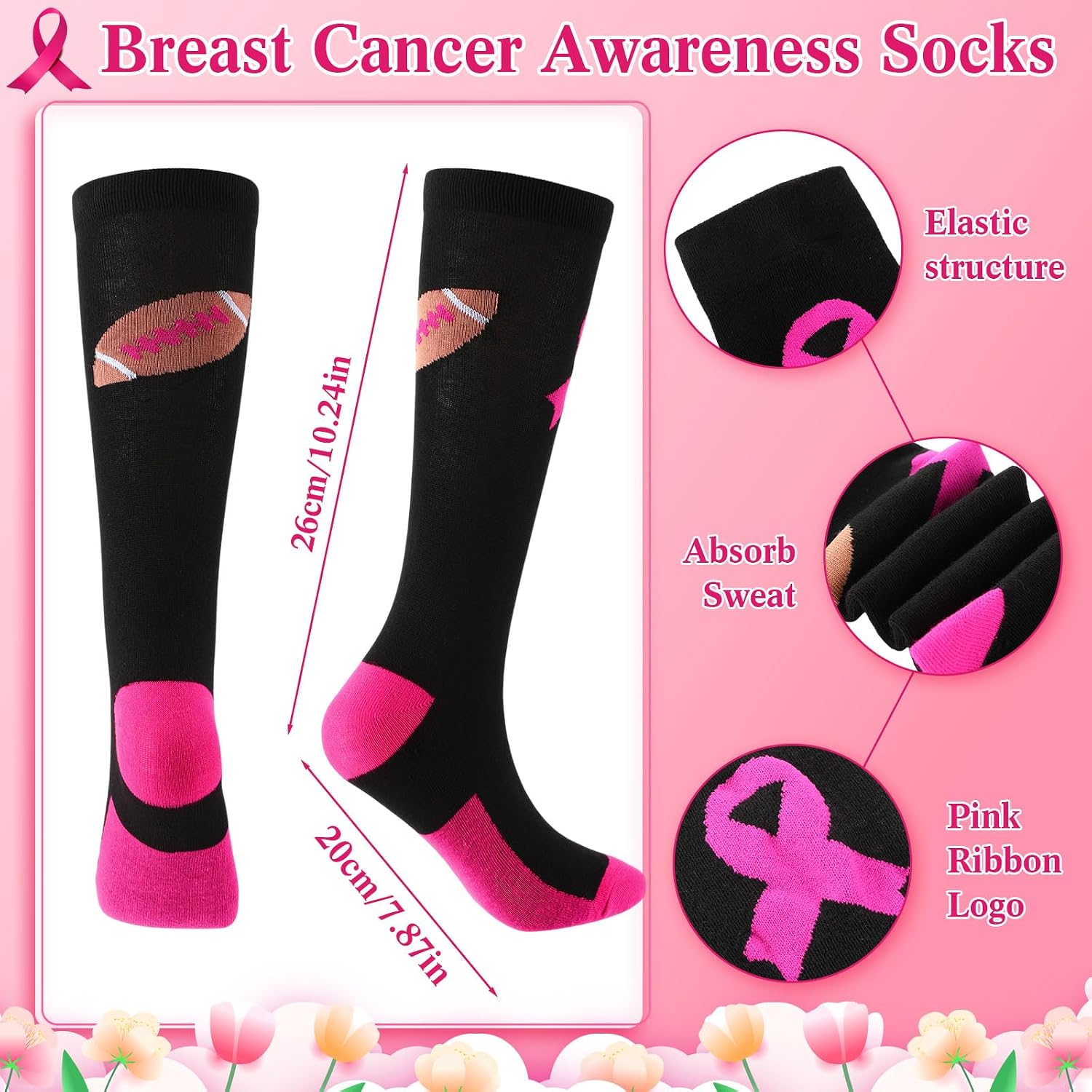 Ramede 6 Pairs Breast Cancer Awareness Socks with 24 Bracelets