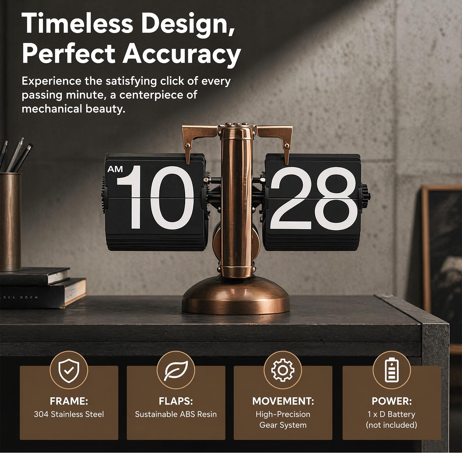 Reloj de escritorio con tapa y mecanismo de engranaje para casa y oficina, color negro