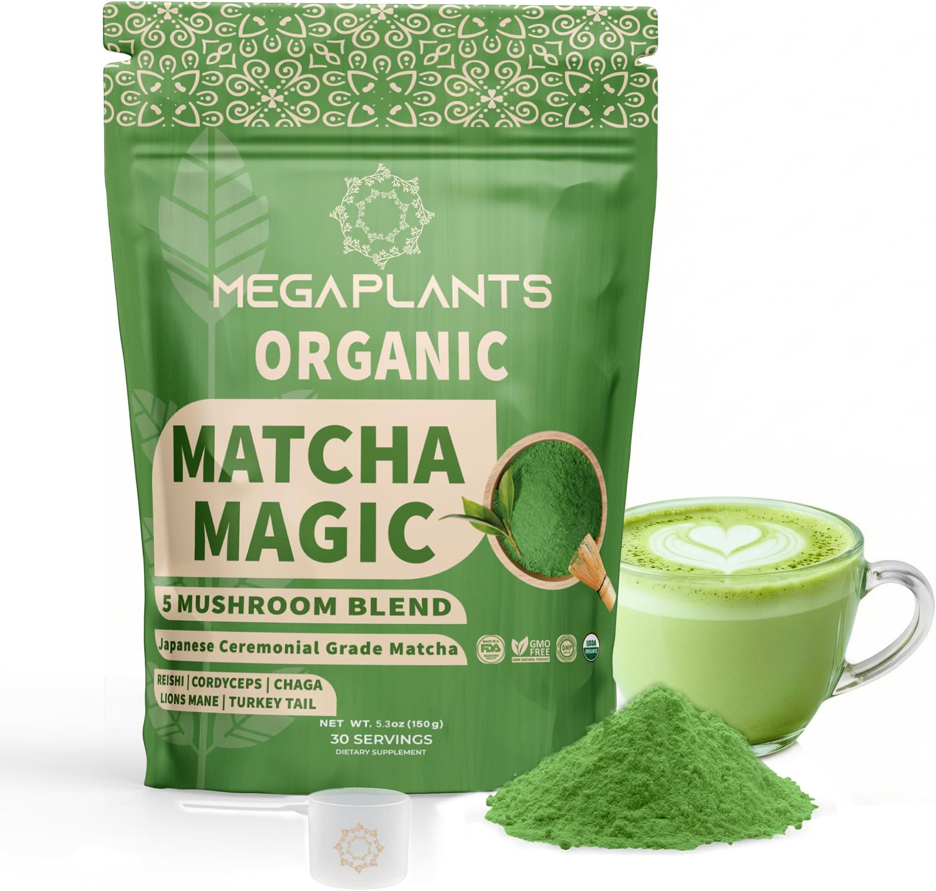 MegaPlants Matcha Magic Mushroom Powder | Ceremonial Grade Japanese Matcha with Adaptogenic Mushrooms for Clean Energy & Calm Focus | Smoothies, Lattes, Bowls & Desserts | L Theanine