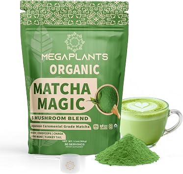 MegaPlants Matcha Magic Mushroom Powder | Ceremonial Grade Japanese Matcha with Adaptogenic Mushrooms for Clean Energy & Calm Focus | Smoothies, Lattes, Bowls & Desserts | L Theanine