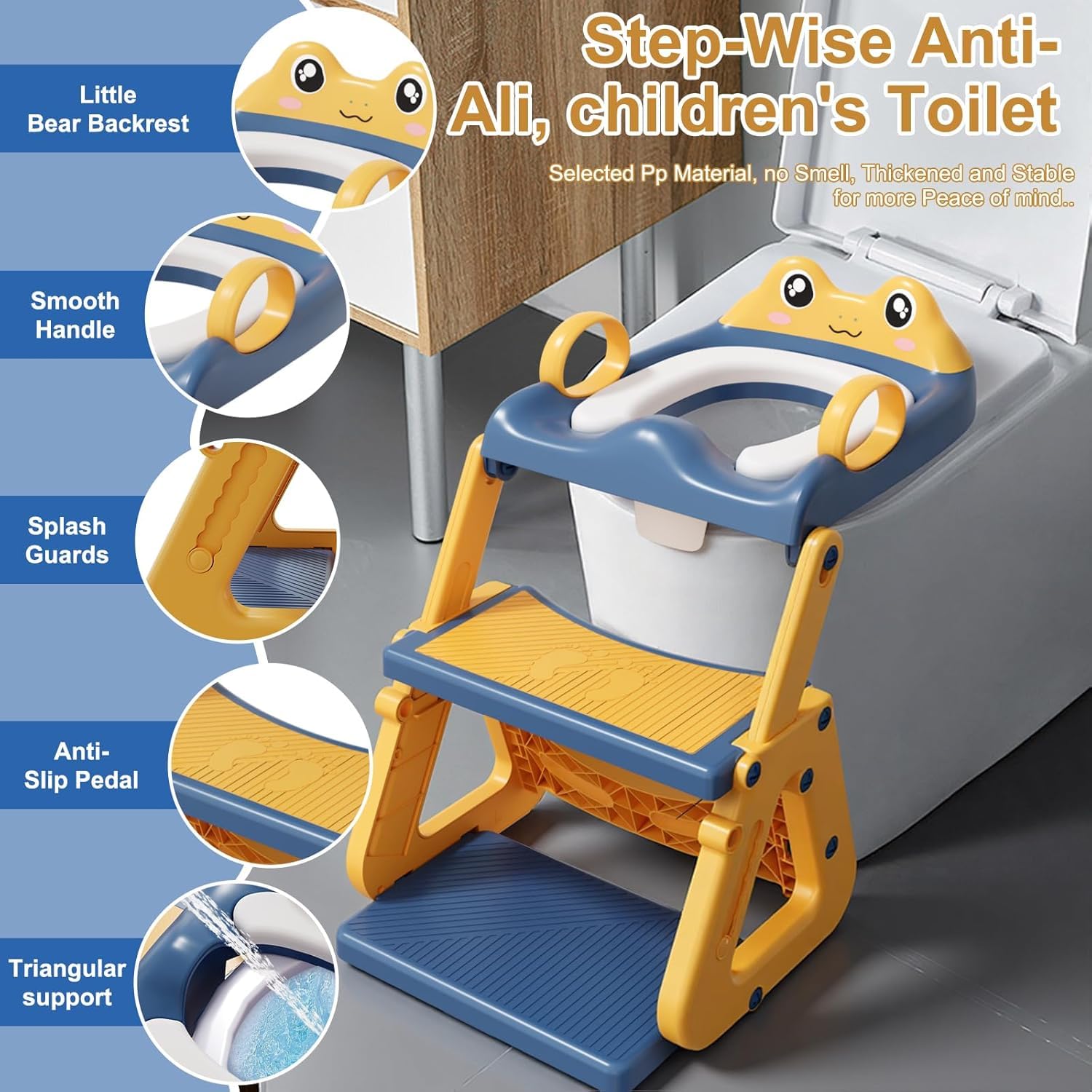 Riduttore Wc Bambini con Scaletta, Stabilizzare Scaletta Wc Per Bambini con Struttura a Triangolo,Scaletta Riduttore Wc per Bambini,Cuscino in PVC Impermeabile,Antiscivolo e Pieghevole,blu