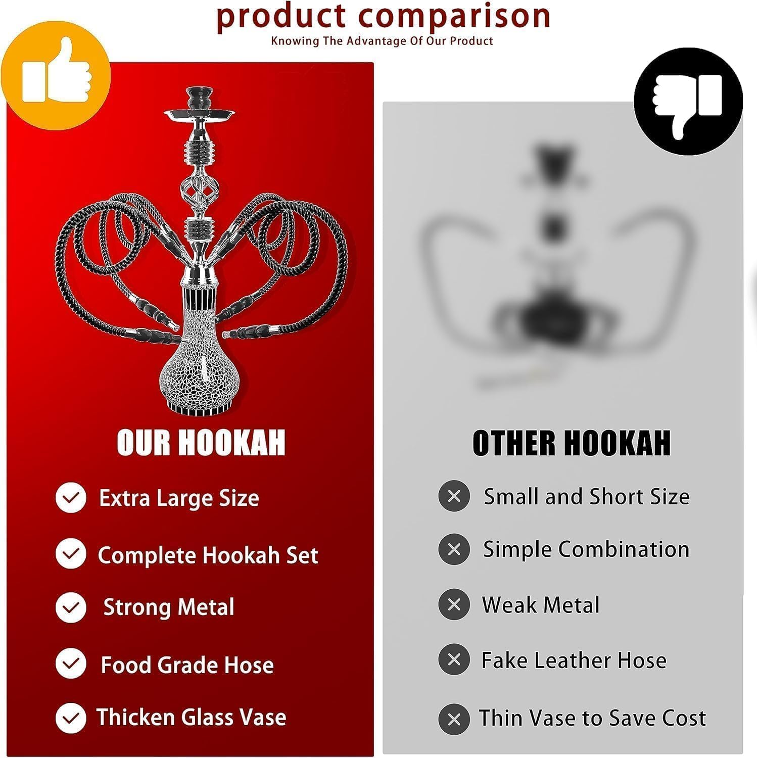 Narghile Completo, Set completo di narghiello con 4 tubi, grande kit Shisha da 56 cm per fino a 4 persone con tutto incluso, ciotola in ceramica | Tubo Premium | Bellissimo vaso in vetro (Nero MP2)