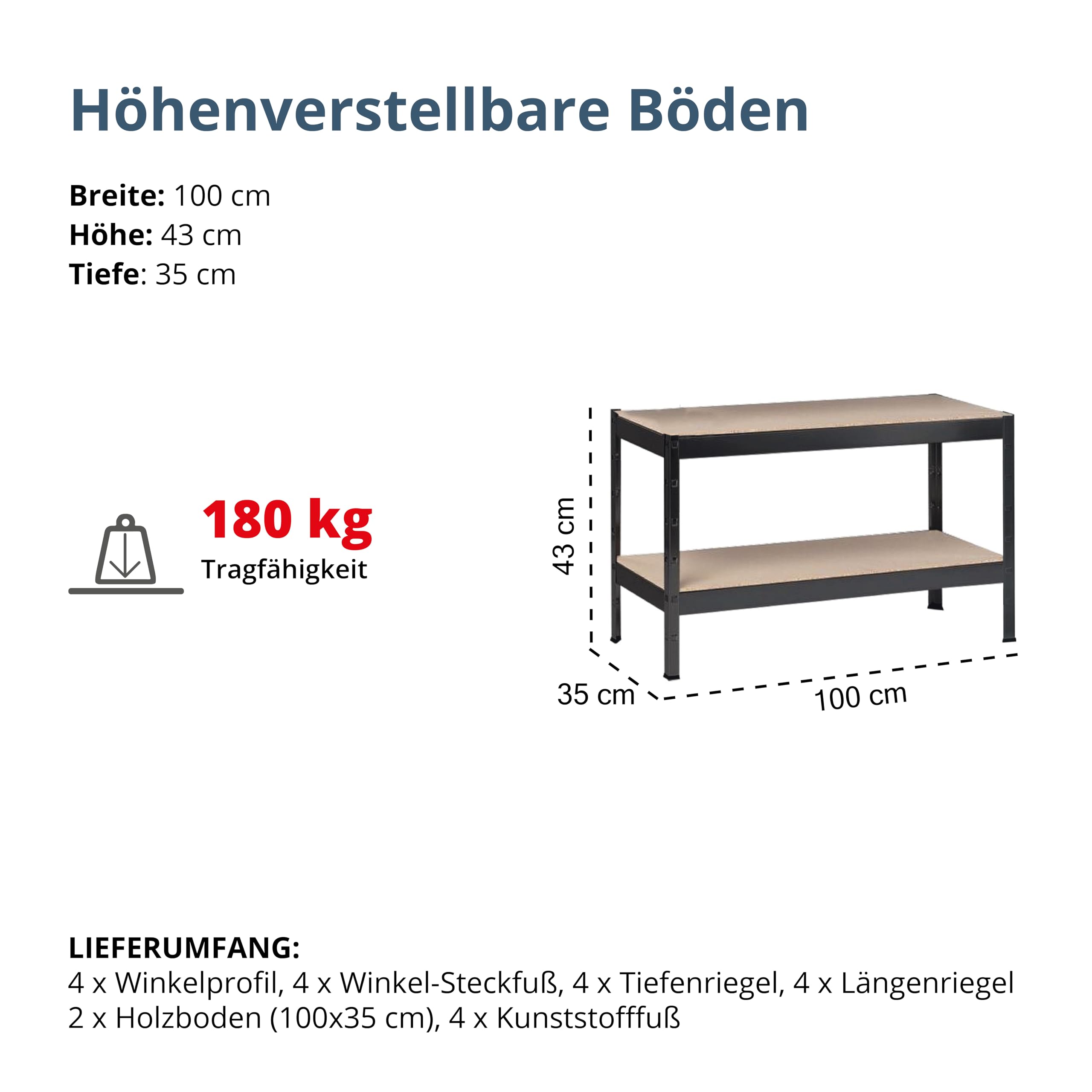 SCHULTE Regalwelt Schwerlastregal mit 2 Holzböden, 43x100x35 cm (HxBxT), Traglast pro Ebene ca. 90 Kg, schwarz-Struktur, Lagerregal, Kellerregal, Werkstattregal, Steckregal