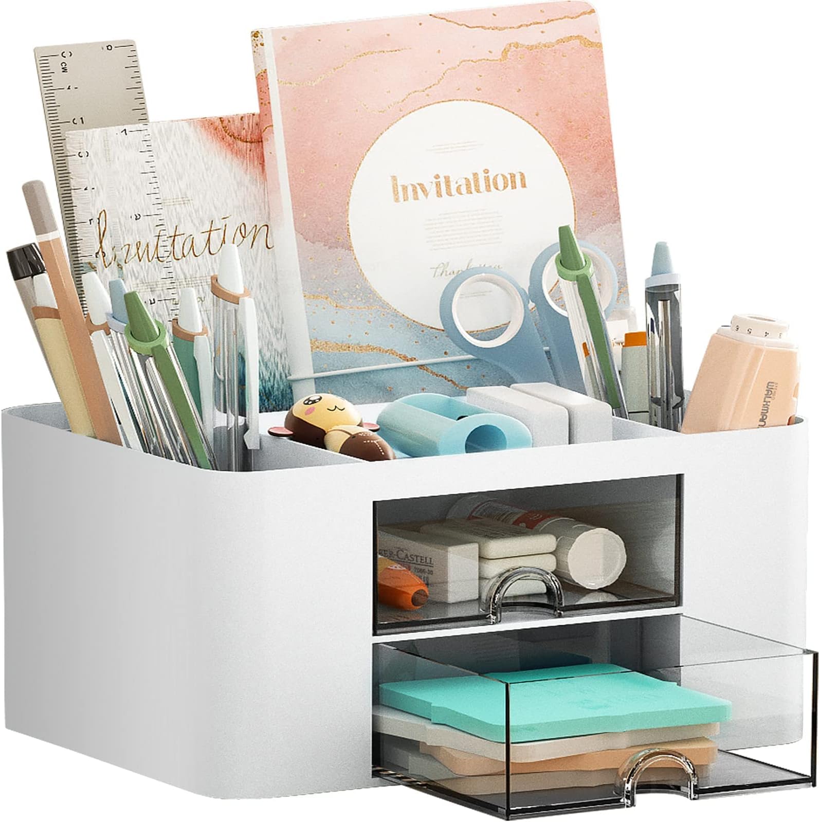 Desk Organizer with Drawer, Multi-Functional Pen Pencil Holder Storage Box for Desk, Desk Organizers and Accessories with 5 Compartments + 2 Drawer for Office Art Supplies (White)