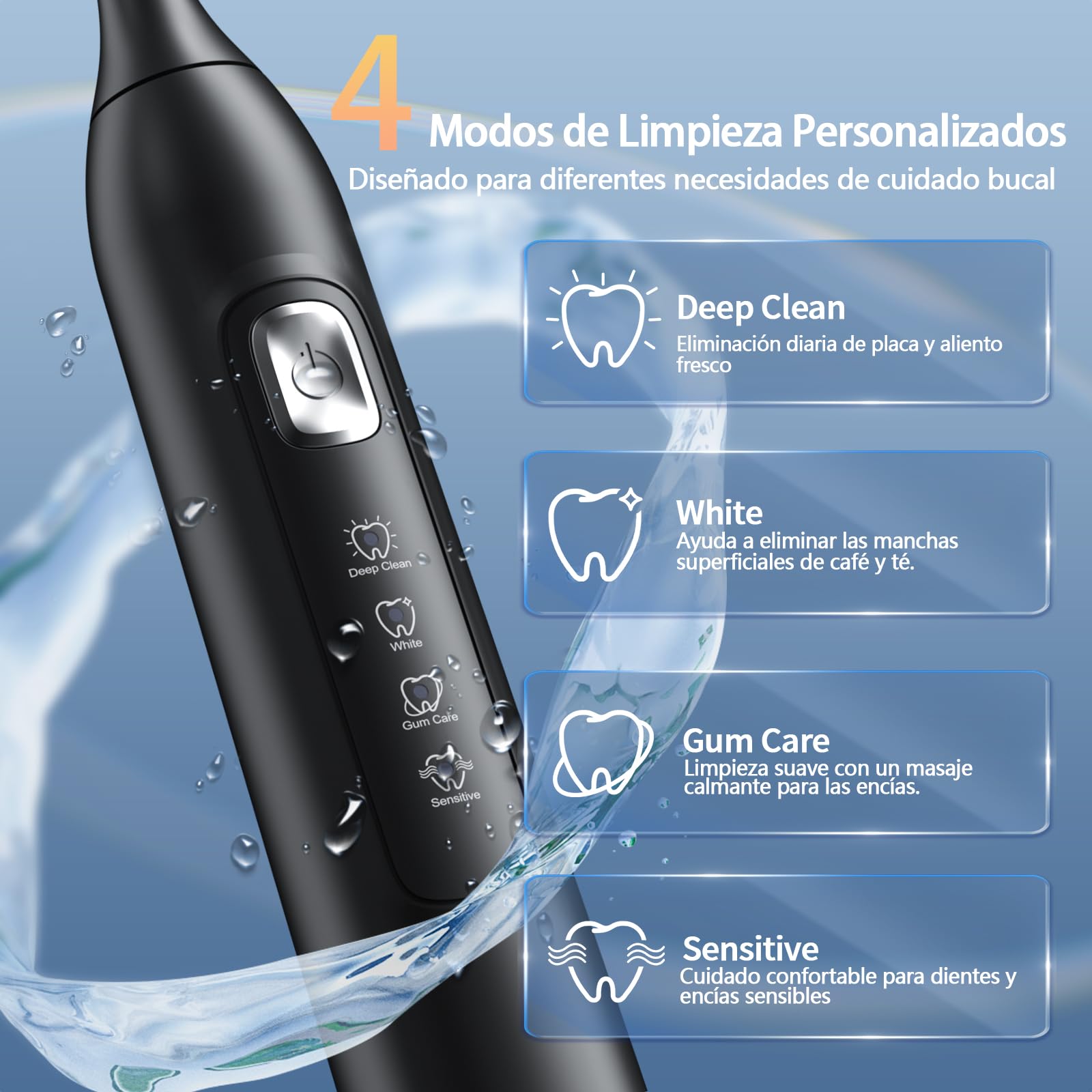 OasiSmile Cepillo de Dientes Electrico Sónico para Adultos, Cepillo Dientes Electrico Recargable con 6 Cabezales, 4 Modos de Limpieza, 120 Días de Autonomía, Temporizador 2 Minutos, 42000 VPM, IPX7
