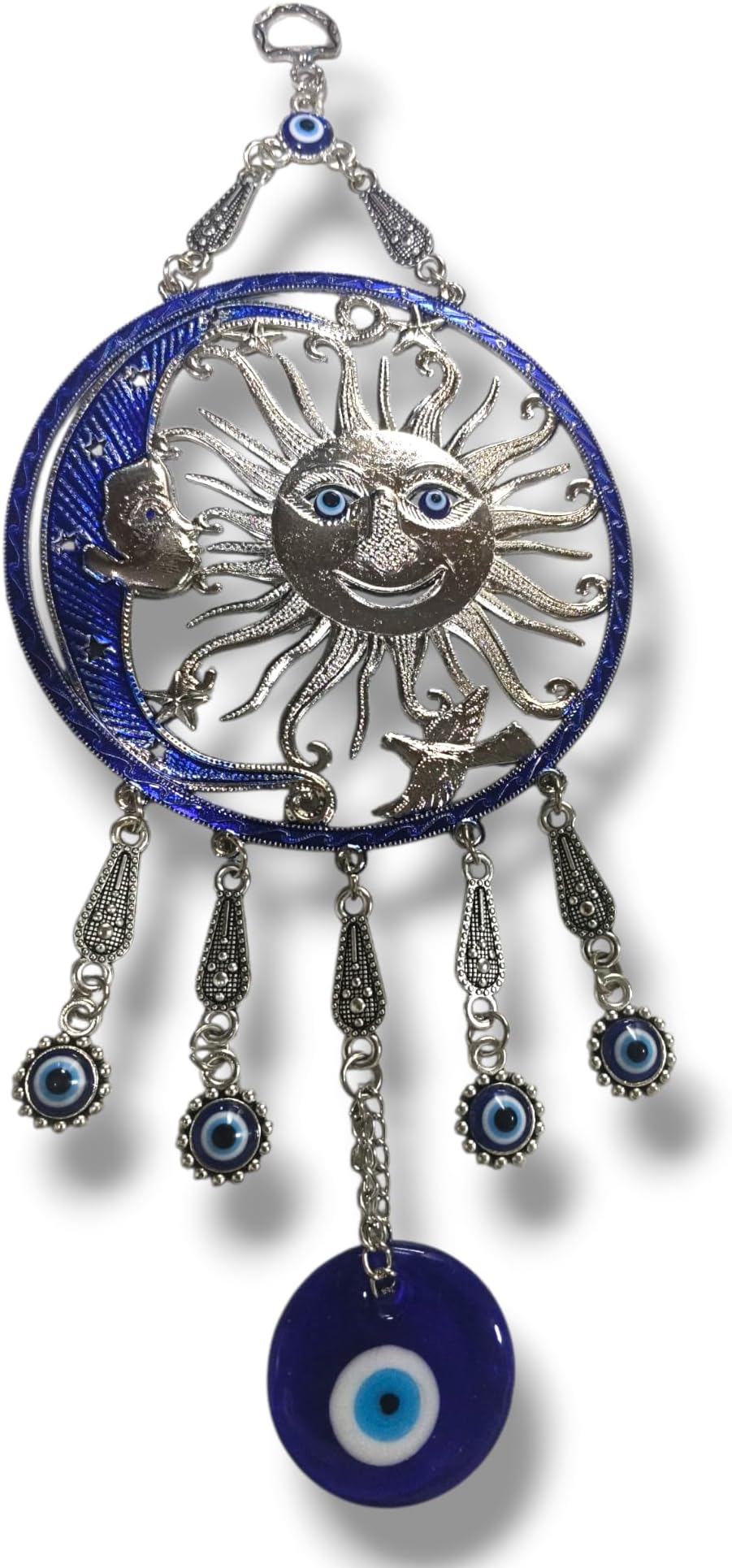Evileye Bliss Presents Turkish Evil Eye Wall Hanging, Sun and Moon Design with Blue Evil Eye Charm, Silver Metal Decorative Hanging, 12 Inch Height, 2 Inch Evil Eye Diameter