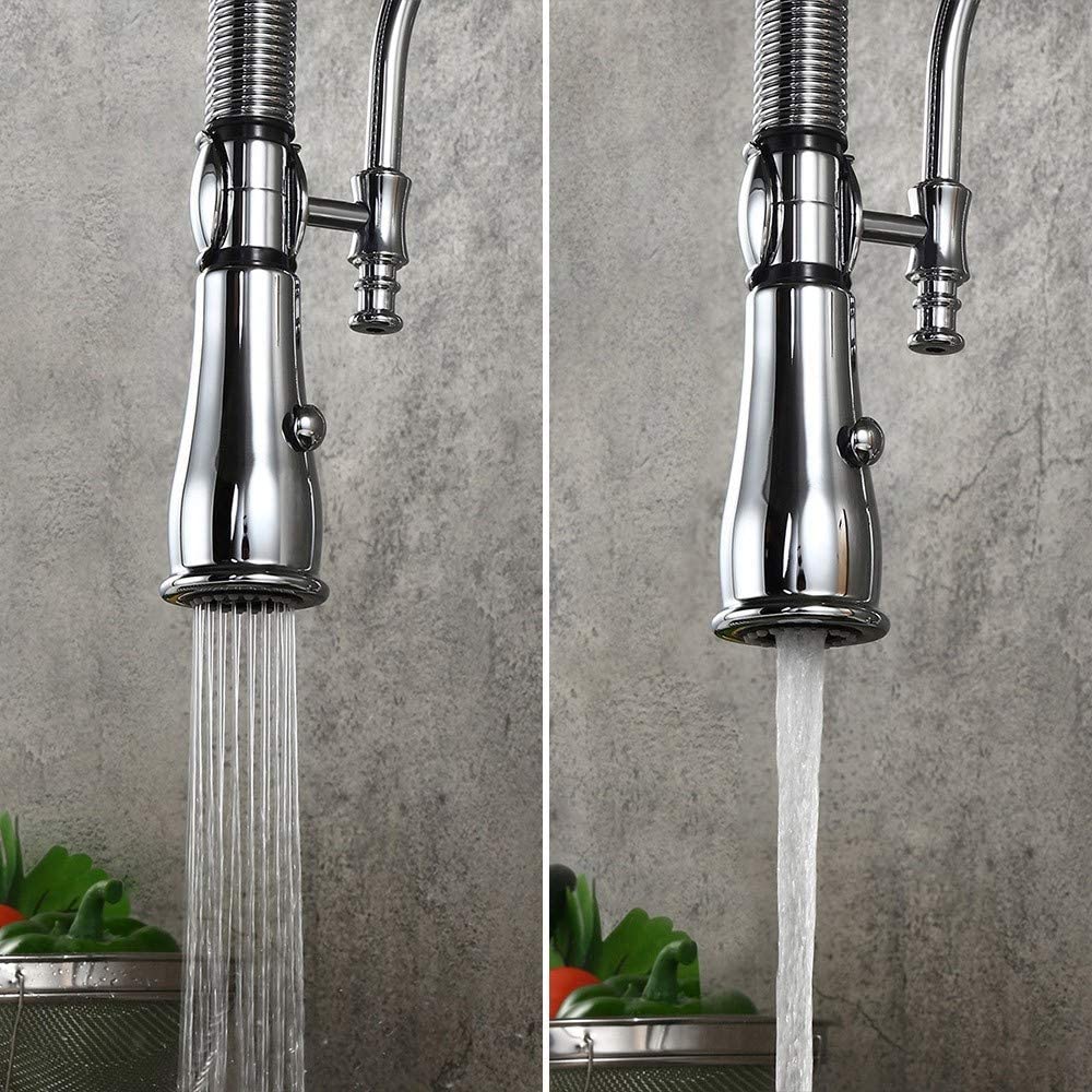 KunMai Robinet de cuisine rétractable double mode à arc haut avec poignée en porcelaine, chromé