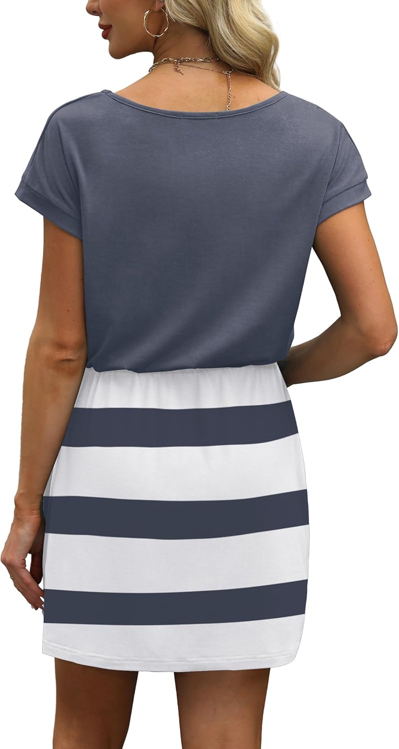 OFEEFAN Summer Dresses for Women 2026 V Neck T Shirt Casual Mini Dresses Tie Waist Sundresses with Pockets - Image 5