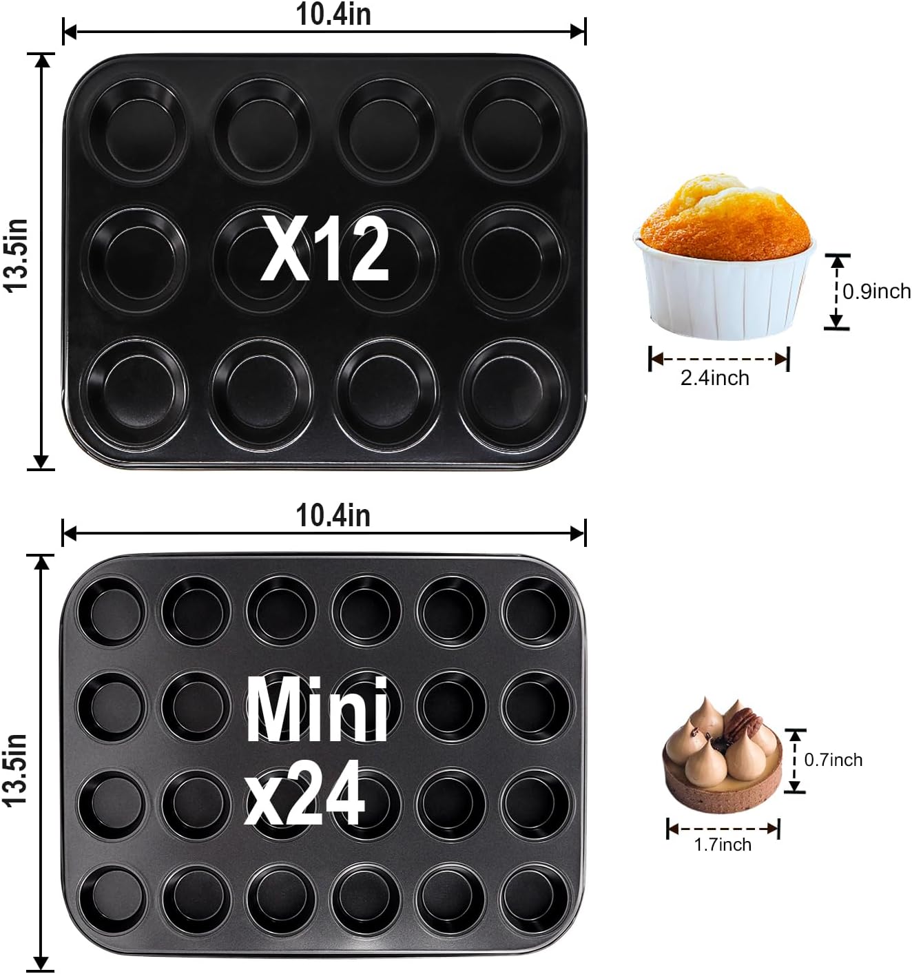 2 Pack Premium Bakeware 24-Cup, Mini Muffin Pan, Dishwasher Oven Safe (Black, Steel)