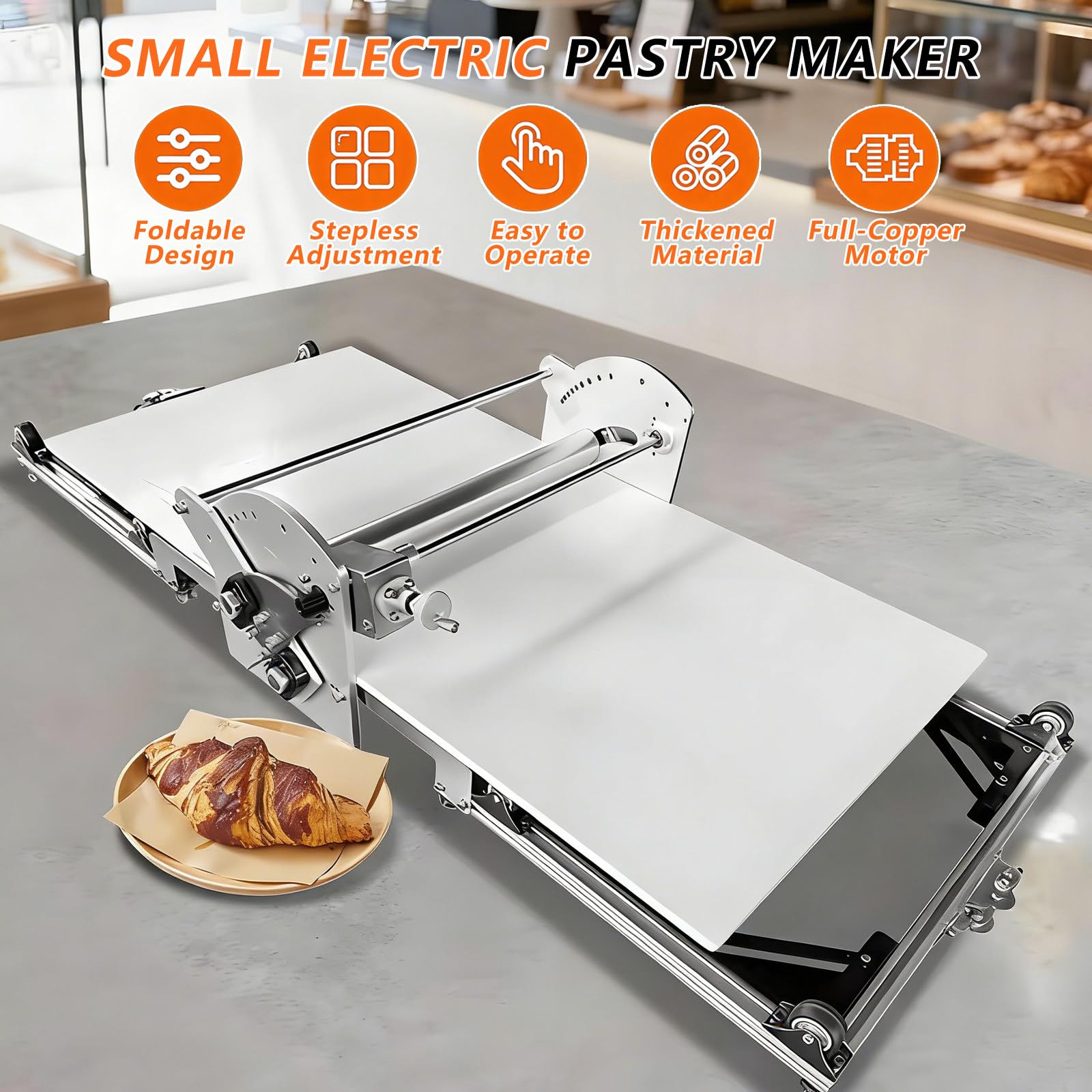 Professionelle Elektrische Teigausrollmaschine, Edelstahl, TischgeräT FüR BläTterteig, FüR Croissants, PlundergebäCk, Pizzateig Und Frische Pasta