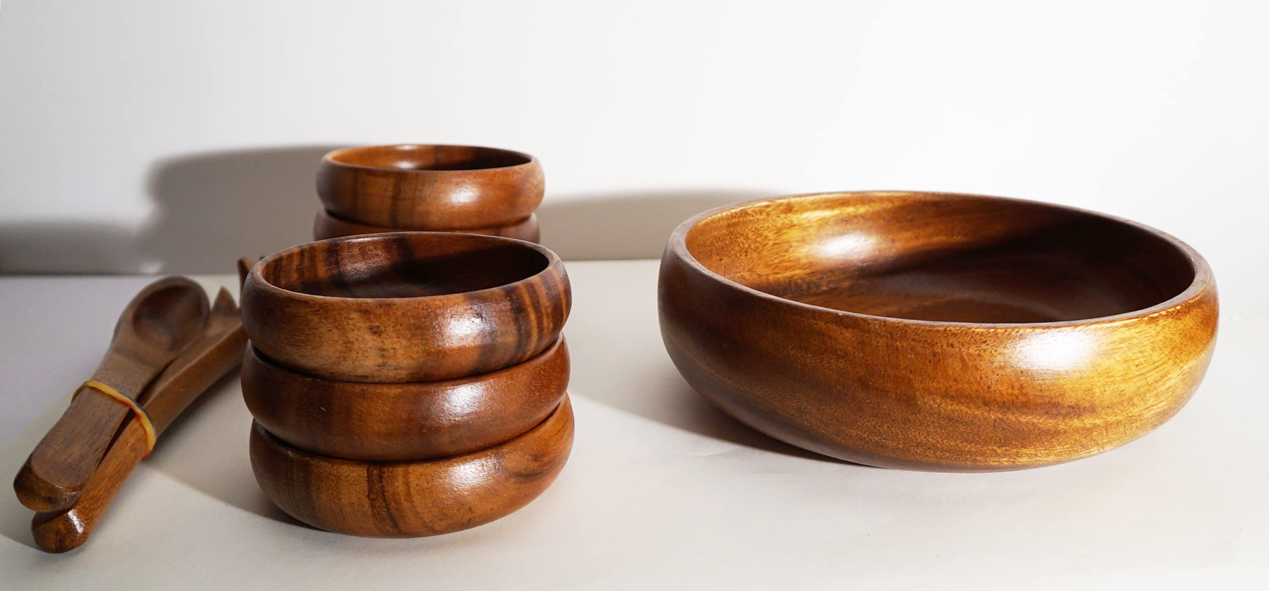 Genérico Set Ensaladera de Madera de Acacia compuesto por ensaladera de 23 cm, 6 Cuencos de 12 cm y 2 Cubiertos