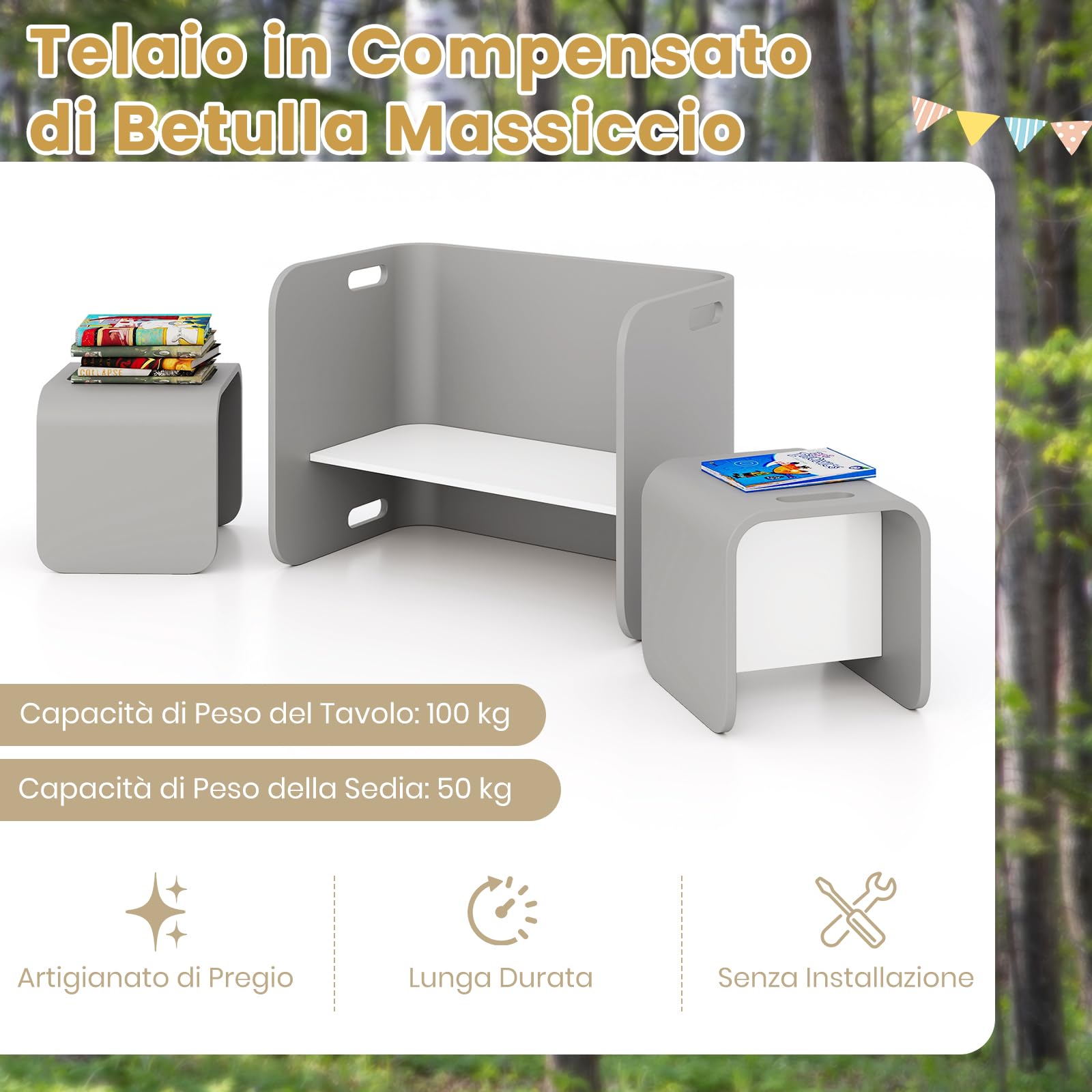 RELAX4LIFE Set da Tavolo e Sedie per Bambini con Design Multiuso, Tavolo/Scrivania/Panca con Schienale/Tavolino Laterale 4 in 1, Salvaspazio, in Legno di Betulla (Grigio)